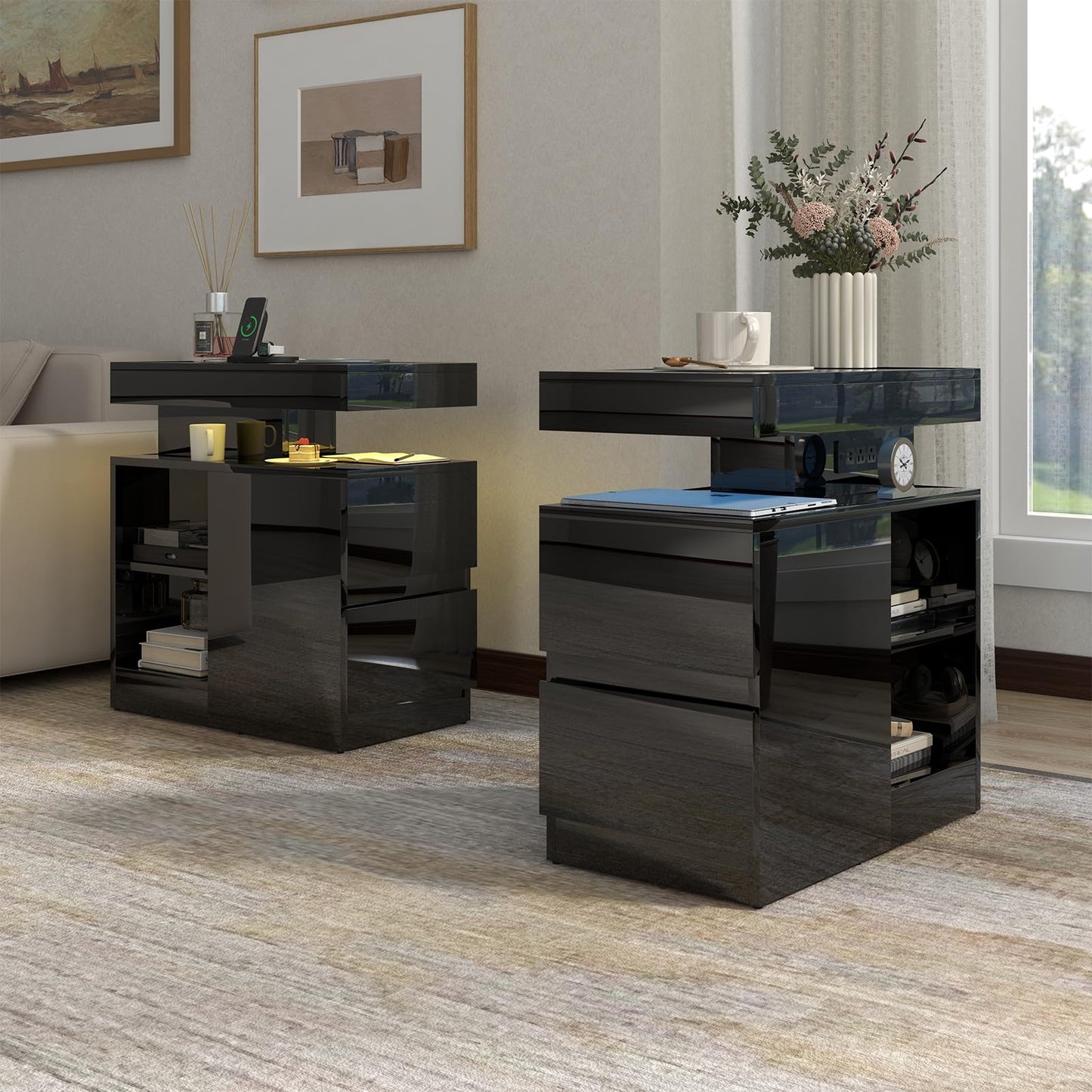 OC Orange-Casual LED End Table with Power Outlet, High Glossy Sofa Side Table, Small Nightstand with Drawer and Storage Cabinet, Narrow Side Table with Charging Station for Living Room (2, Black)