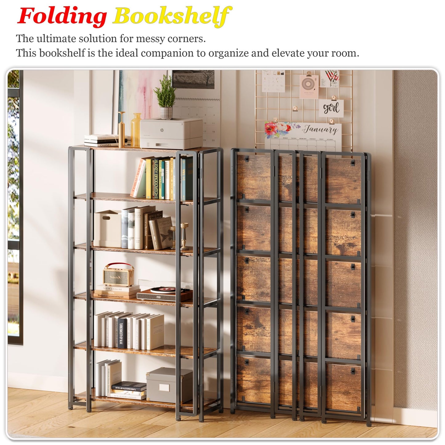 UDD 6 Tier Wide Folding Bookshelf No Tools Assembly, 55.5" H x 30.9" W, Foldable Book Shelf Vintage Collapsible Bookcase, Industrial Storage Shelves for Bedroom Office Living Room, Rustic Brown Black