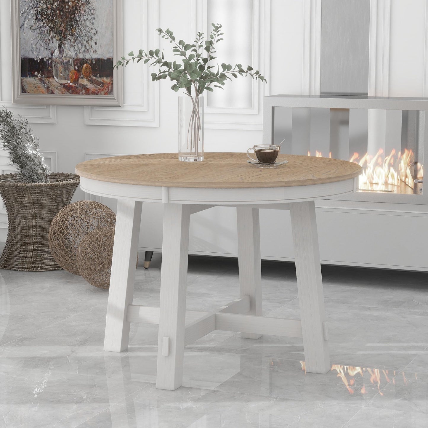 GDFStudio 42"-58" Farmhouse Extendable Dining Table for 4-6, Solid Wood Round Dining Table with 16" Leaf & X-Shaped Base, Kitchen & Dining Room Table, Space Saving, Oak Natural Wood+Antique White