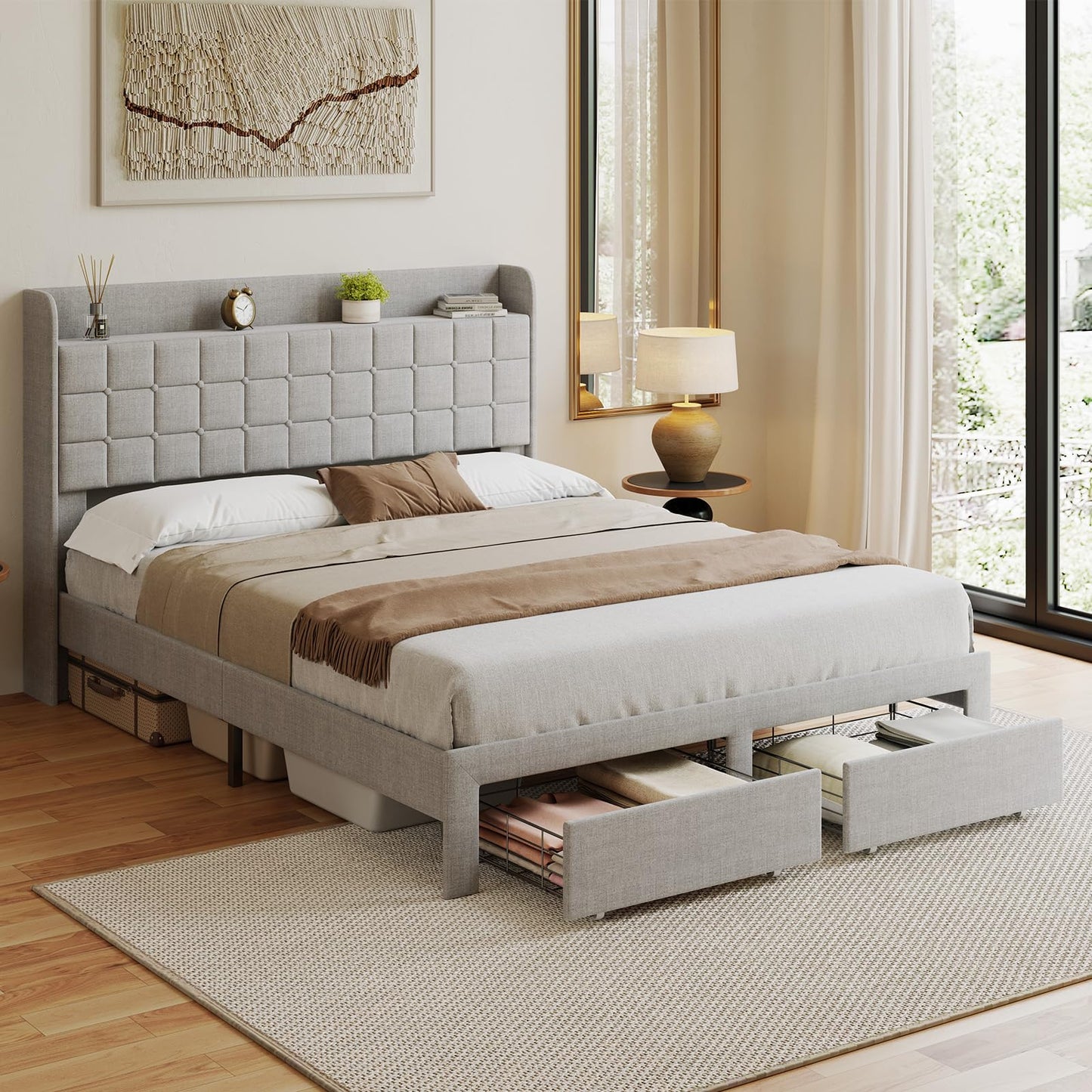 HAPPYMONT Full Size Storage Bed Frame, Square Tufted Headboard, Platform Bed with 2 Underbed Drawers at Foot, Wooden Slats Support, No Box Spring Needed, Light Gray