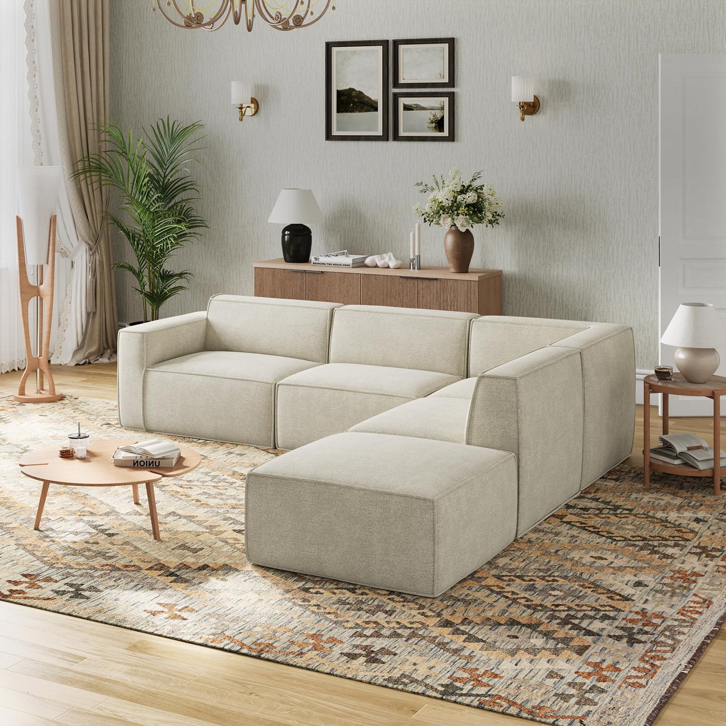 Novilla 109" Modular Sectional Sofa, No Assembly Cloud Sectional Couch with Smarts Coil® Support, Chenille Fabric L Shape Boneless Couch for Living Room Apartment, Beige (L-Arm 4 Seat w/ 1 Ottoman)