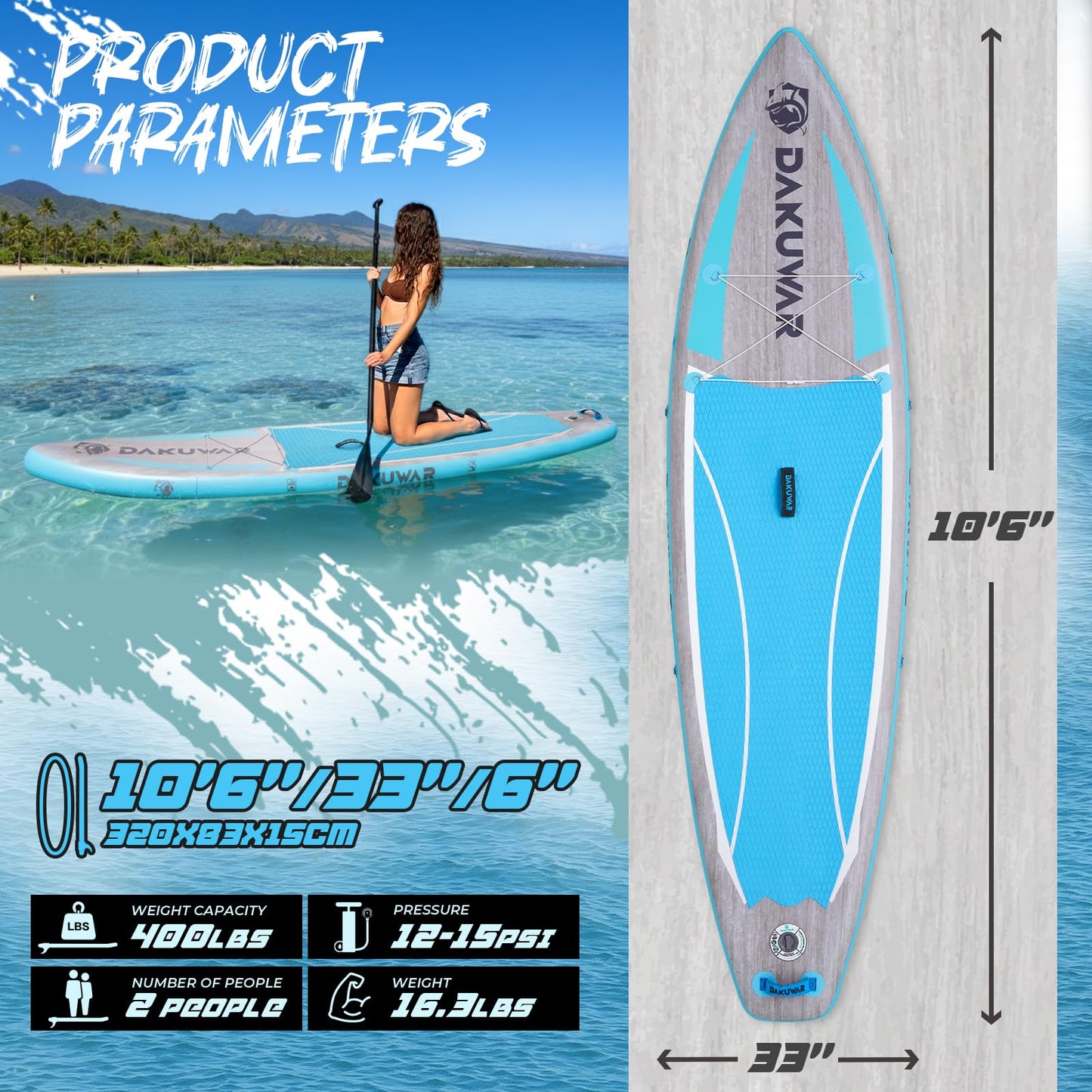 DAKUWAR Paddle Board 10'6''/10' Inflatable Stand Up Paddle Boards with SUP Accessories Ultra-Light Paddleboard Non-Slip Comfort Deck for Adults & Youth of All Skill Levels (Blue and Grey)