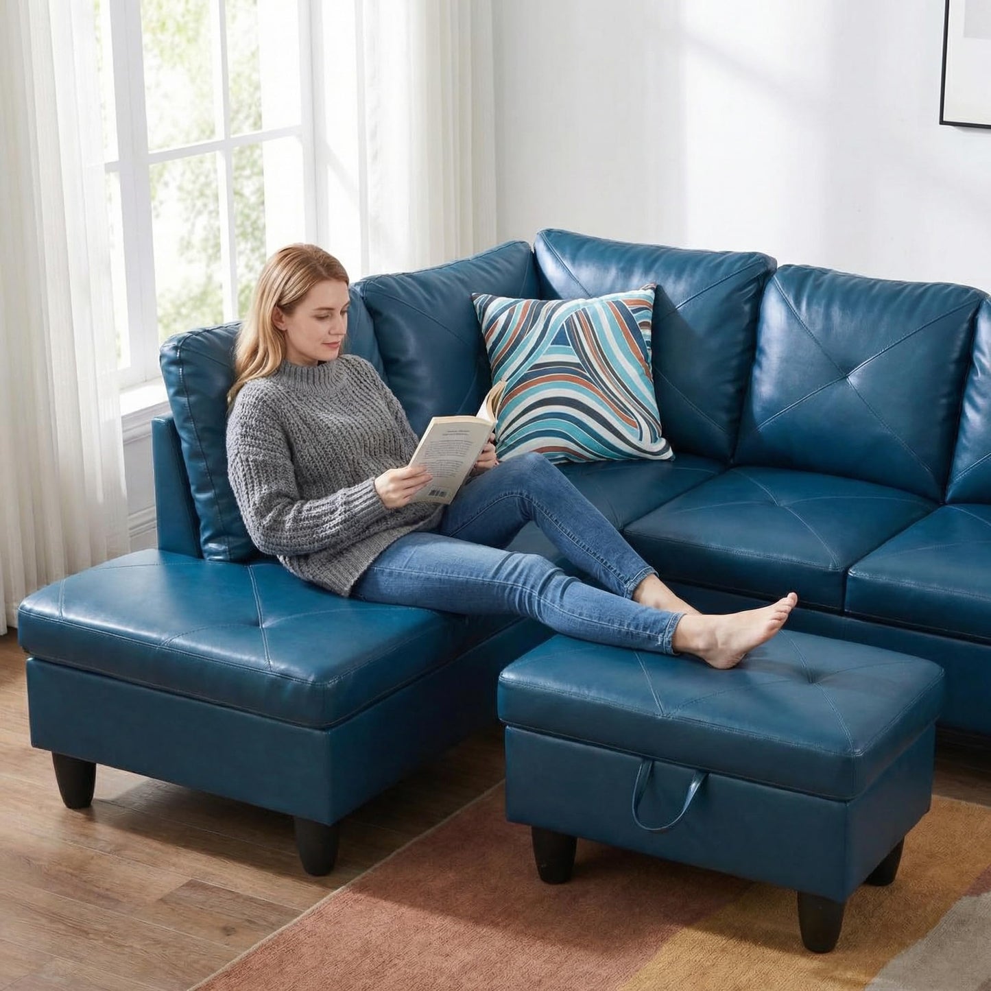 Trygoal 3-Piece L-Shaped Modular Leather Sofa – Convertible Sectional Couch with Movable Chaise & Storage Ottoman, Multi-Scene Use for Living Room, Apartment & Office, Dark Blue