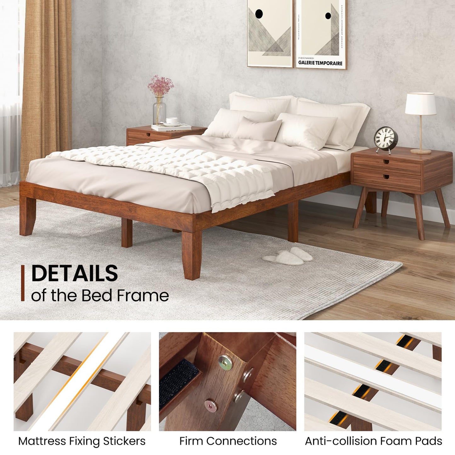 KOMFOTT 14 Inches Wood Platform Bed Frame Queen Size, Wooden Mattress Foundation with Rubber Wood Frame, Strong Wooden Slat Support, No Box Spring Needed, Bed Frame (Brown Cherry)