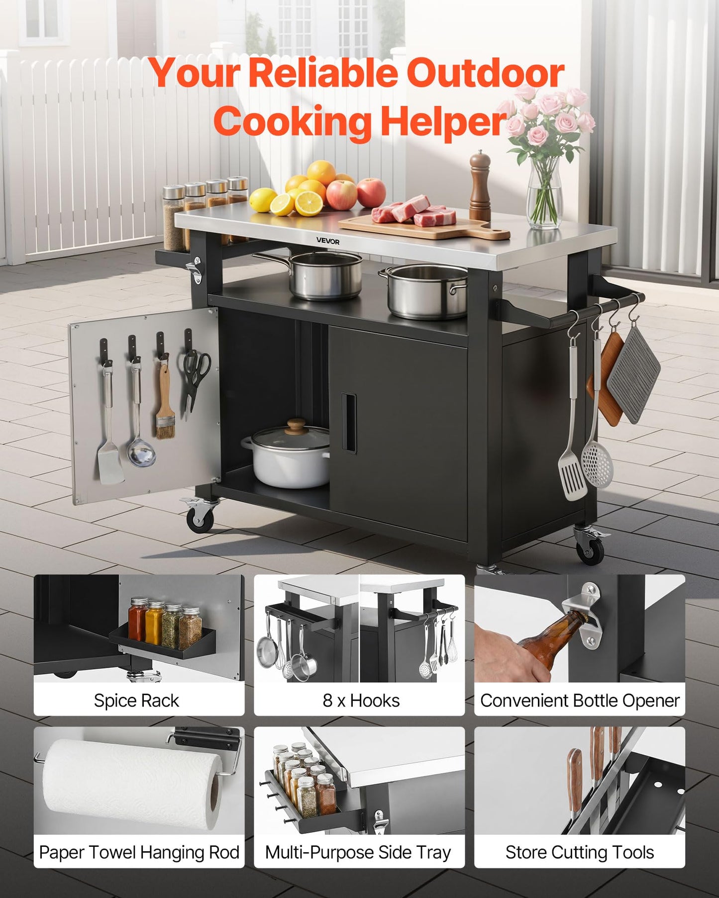 VEVOR Outdoor Grill Cart with Storage Cabinet, 53.1 Inch Grill Table, Waterproof Kitchen Island with Stainless Steel Top, Shelf, and Wheels, Movable Food Prep Station for Patio Bar Backyard BBQ