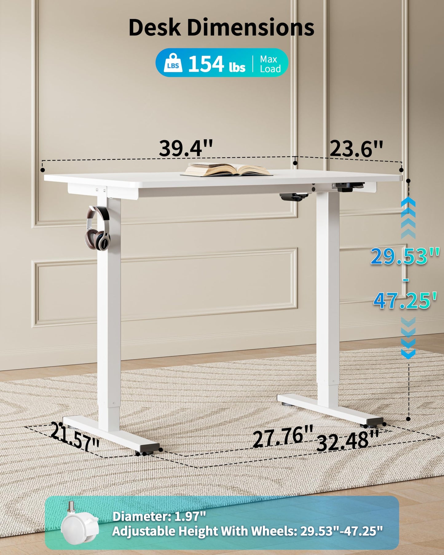 BIZUM 39.4" Small Electric Standing Desk Height Adjustable, Whole Piece Stand Up Computer Desk Work Study Writing Gaming Desks for Home Office White