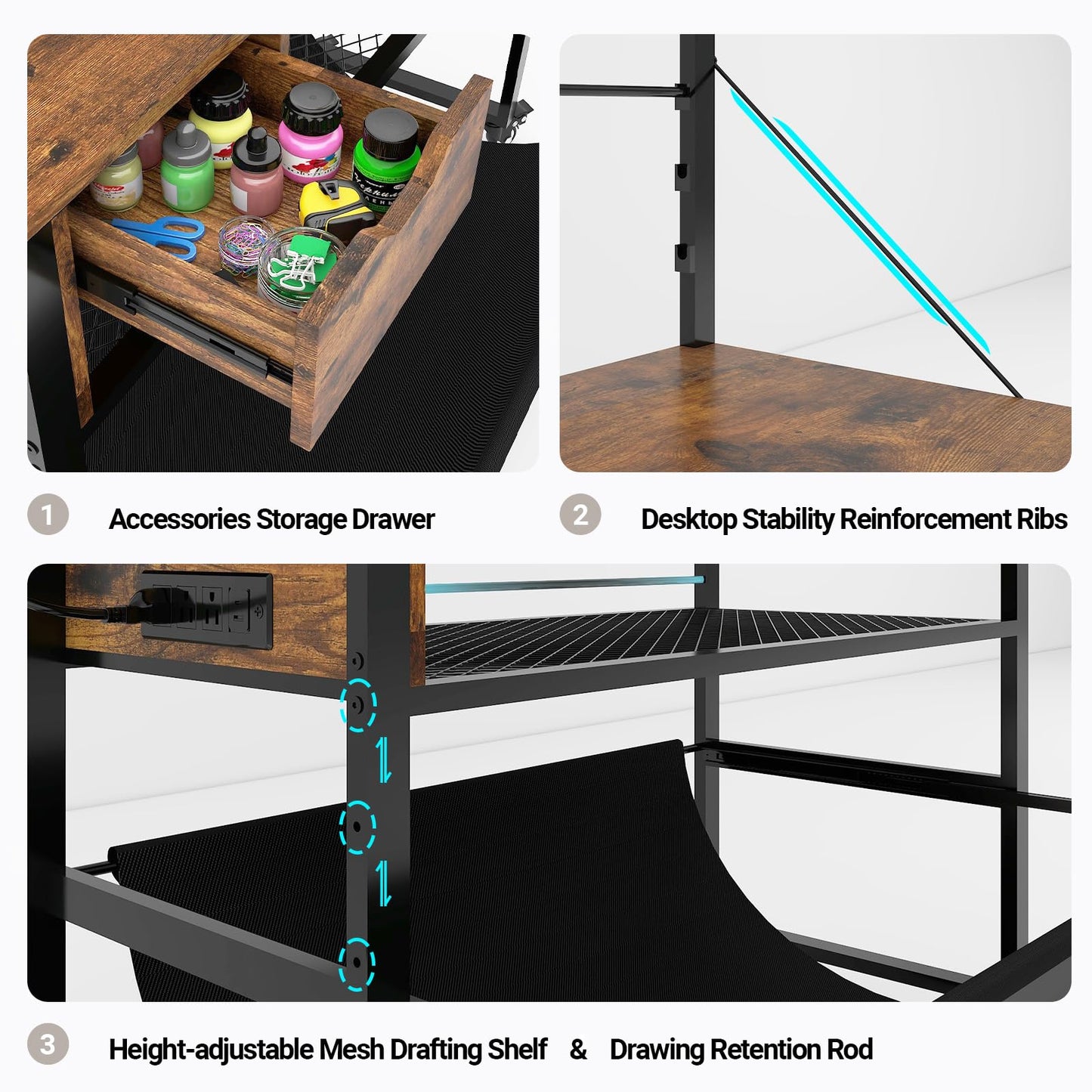 Natwind Wide Format Printer Stand, Plotter Workbench Table with Pull-Out Drafting Storage, Roll Paper Holder, Accessory Drawer, Adjustable Storage Shelf for Plotters and Cutting Machines (Retro)