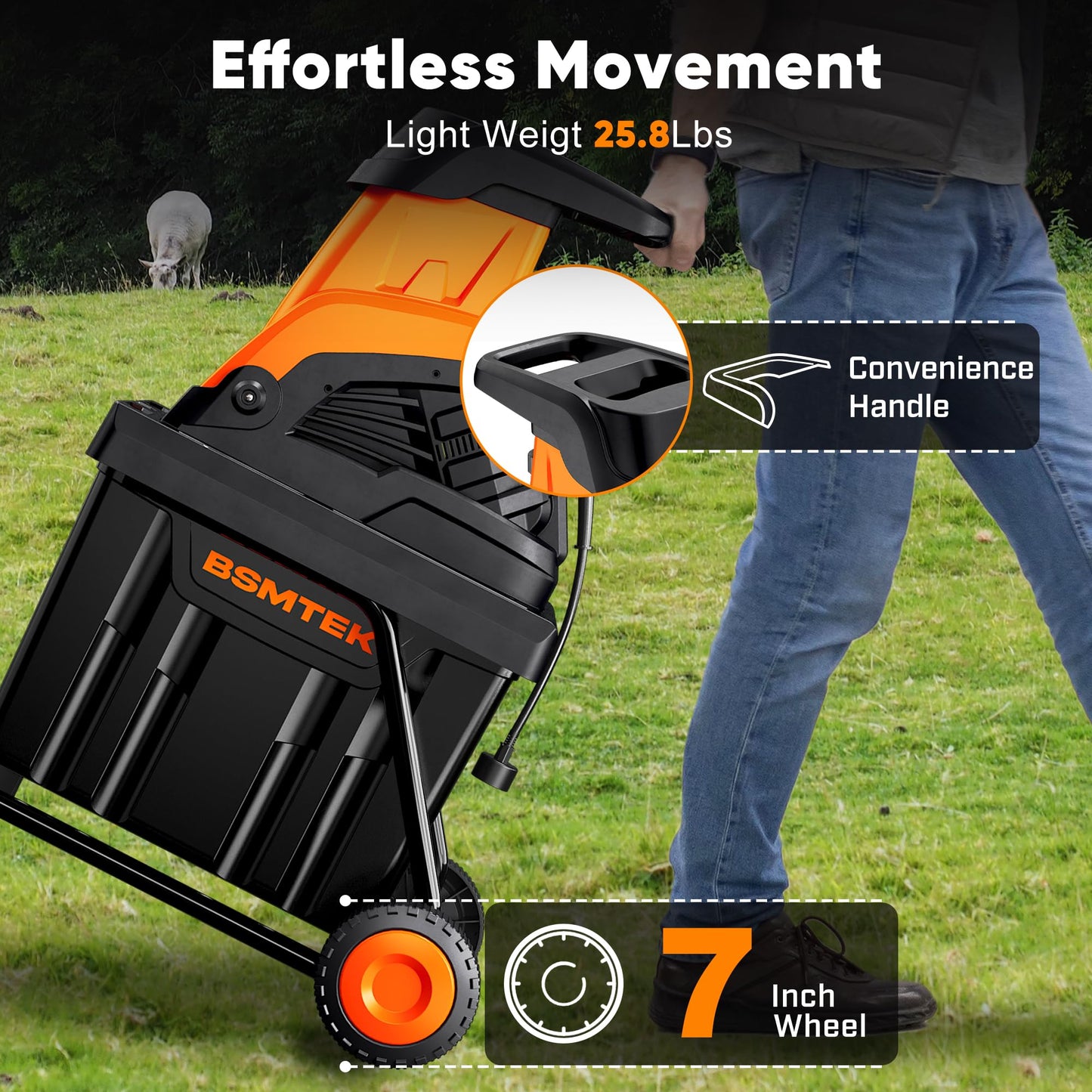 50L Collecting Bin, 15-Amp Wood Chipper Shredder, High Efficiency Electric Mulcher Shredding Machine with 25:1 Reduction Ratio, 1.8In Cutting Diameter, Portable Wheels for Yard Cleanup, New Orange