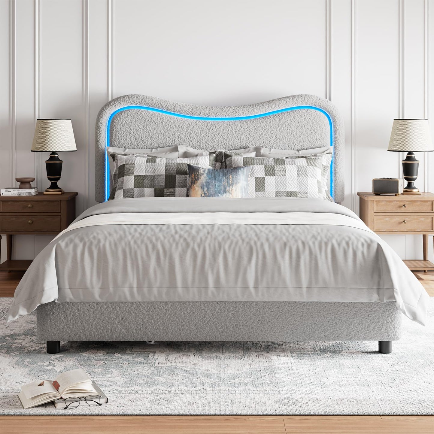 Garvee Boucle Queen Bed Frame with 2 Storage Drawers, Upholstered Platform Bed with LED Headboard, Solid Wood Slats Support, No Box Spring Needed for Kids, Teens, Grey