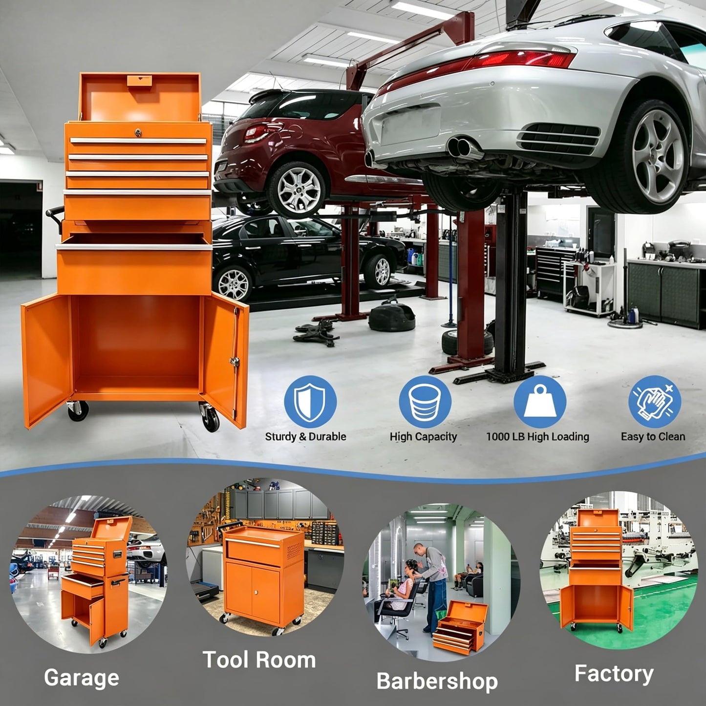 SierraSquad Heavy Duty 5-Drawer Rolling Tool Chest, 2-in-1 Detachable Top Tool Box, Locking Steel Storage Cabinet Cart on Wheels, Orange