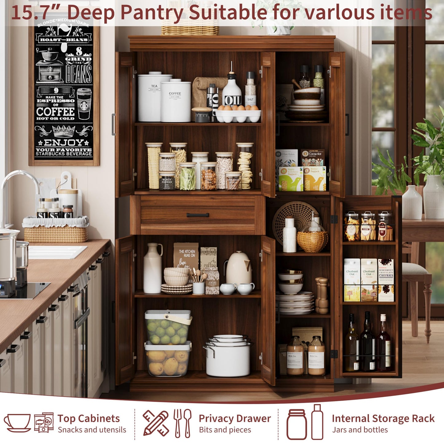 Garvee 70" Tall Kitchen Pantry Storage Cabinet, Modern Kitchen Hutch Cabinet with Doors and Shelves, Freestanding Food Pantry with Large Storage Drawer for Dining Room and Household Organization