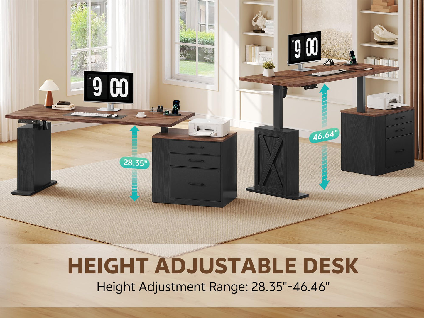 Homiflex 75.5 Inches Electric Standing Desk with Drawers Farmhouse Sit Stand Desk with Storage Adjustable Height Computer Desk with Power Outlets Printer Space for Home Office Black and Walnut