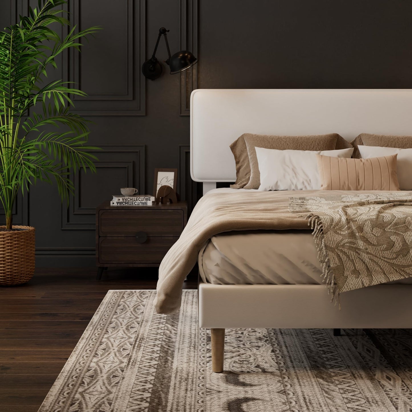 HAOARA Queen Size Upholstered Platform Bed Frame, PU Leather Adjustable Headboard, No Box Spring Needed, Wood Slats Support, Easy Assembly, White