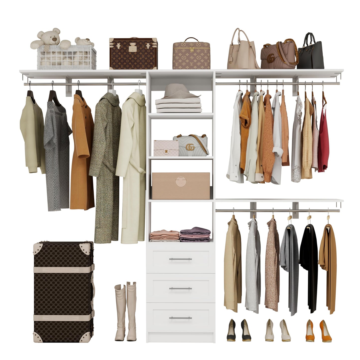 secilix Closet System with Drawers, 5-8FT Closet Organizer Systems with Expandable Hanging Rods, 91.36" Closet Shelving Systems for Walk in Closets, Heavy Duty Wall Mount Closet Systems-White