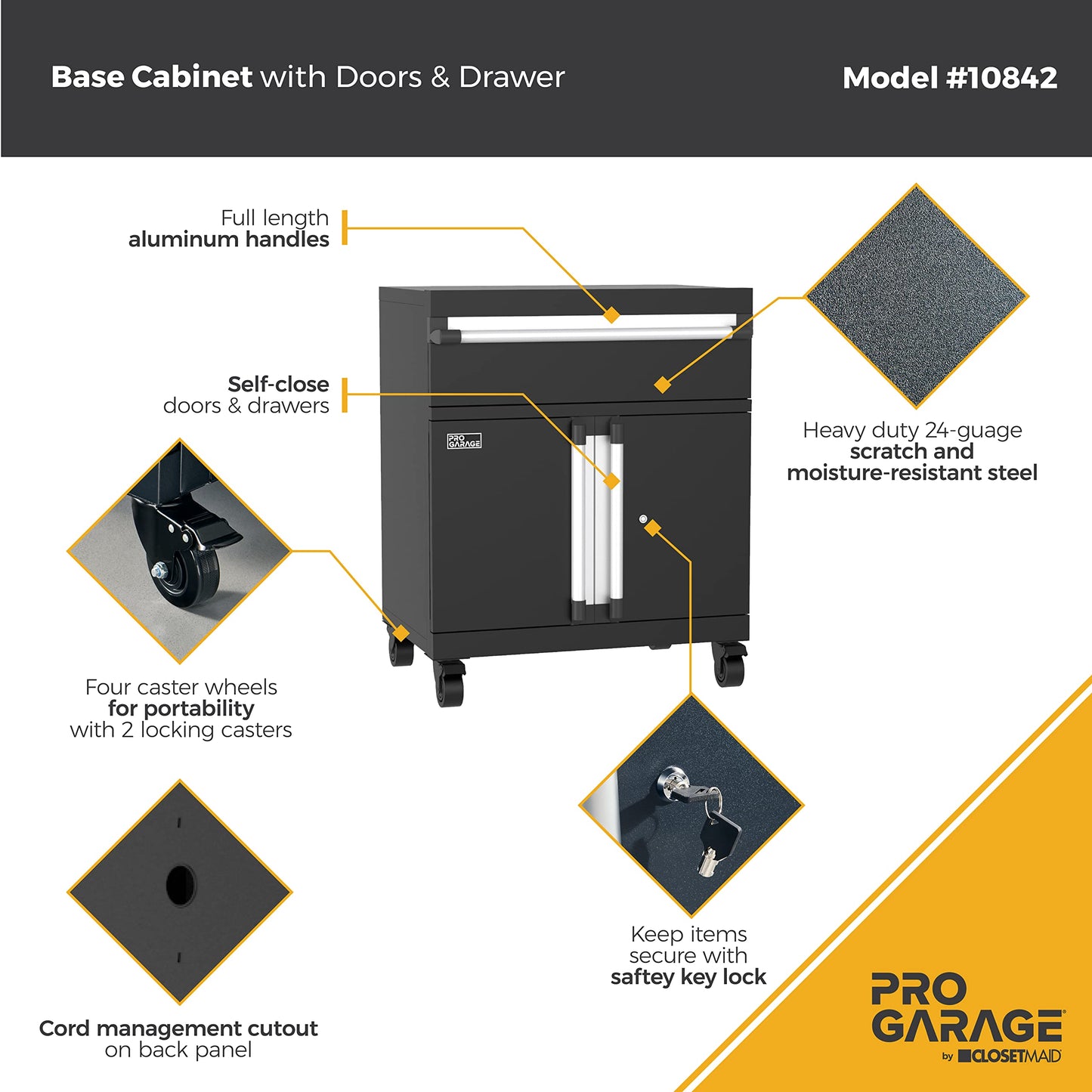 ClosetMaid ProGarage Base Cabinet with Wheels, Drawer, Two Doors, Lock and Shelf, for Garage Storage, Heavy Duty Steel, Black