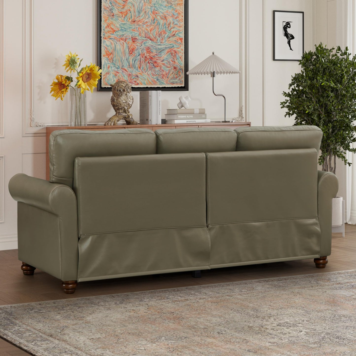 KEIKI 82.68" Chesterfield Sofa, Retro Style Upholstered Faux Leather PU Couch with Storage Space, Rolled Arm, Nailhead for Living Room Bedroom Office Apartment, Gray