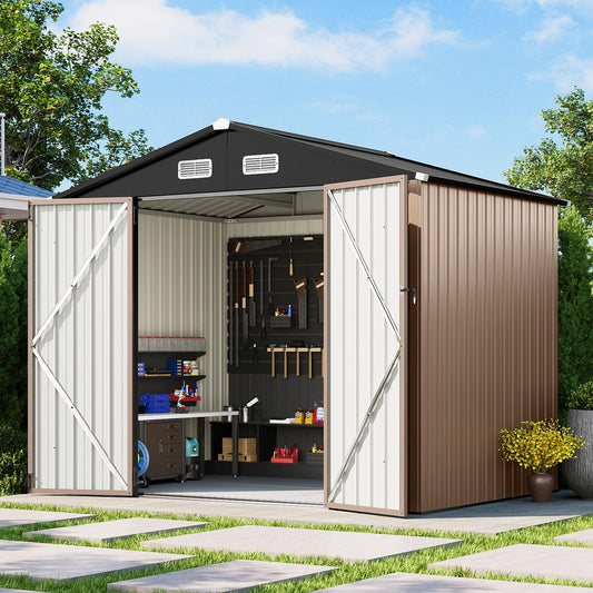 Breezestival 8x6 FT Outdoor Storage Shed with Floor & Lockable Double Doors, Heavy-Duty Galvanized Steel Outdoor Metal Shed for Bike, Tool, Generator Storage in Backyard, Patio (8’x6’, Floor)