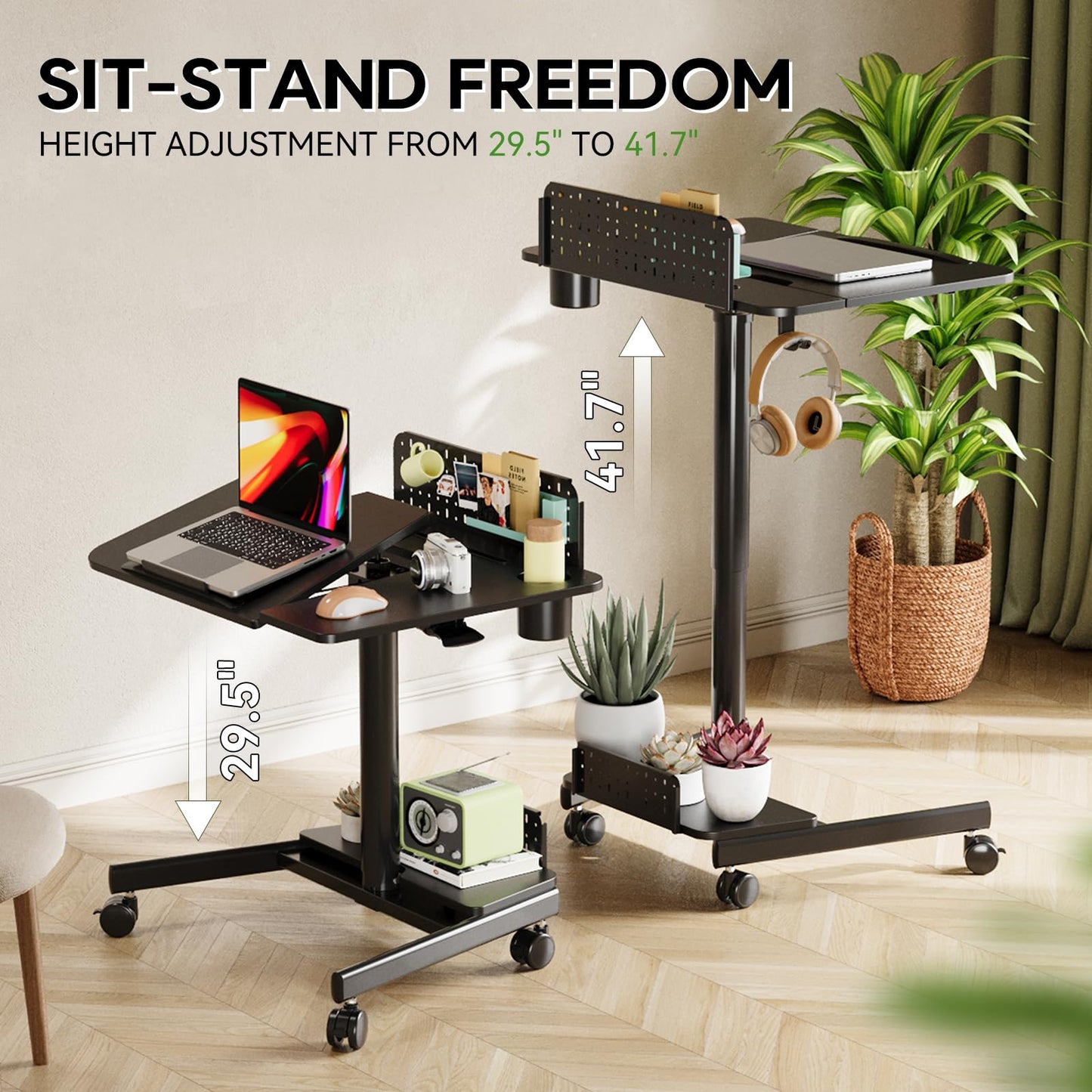 JOY worker Mobile Standing Desk with 60° Tiltable Desktop, 28" Height Adjustable Rolling Desk, DIY Pegboard & Storage Base, Portable Laptop Desk with 4 Lockable Wheels for Home Office, Black