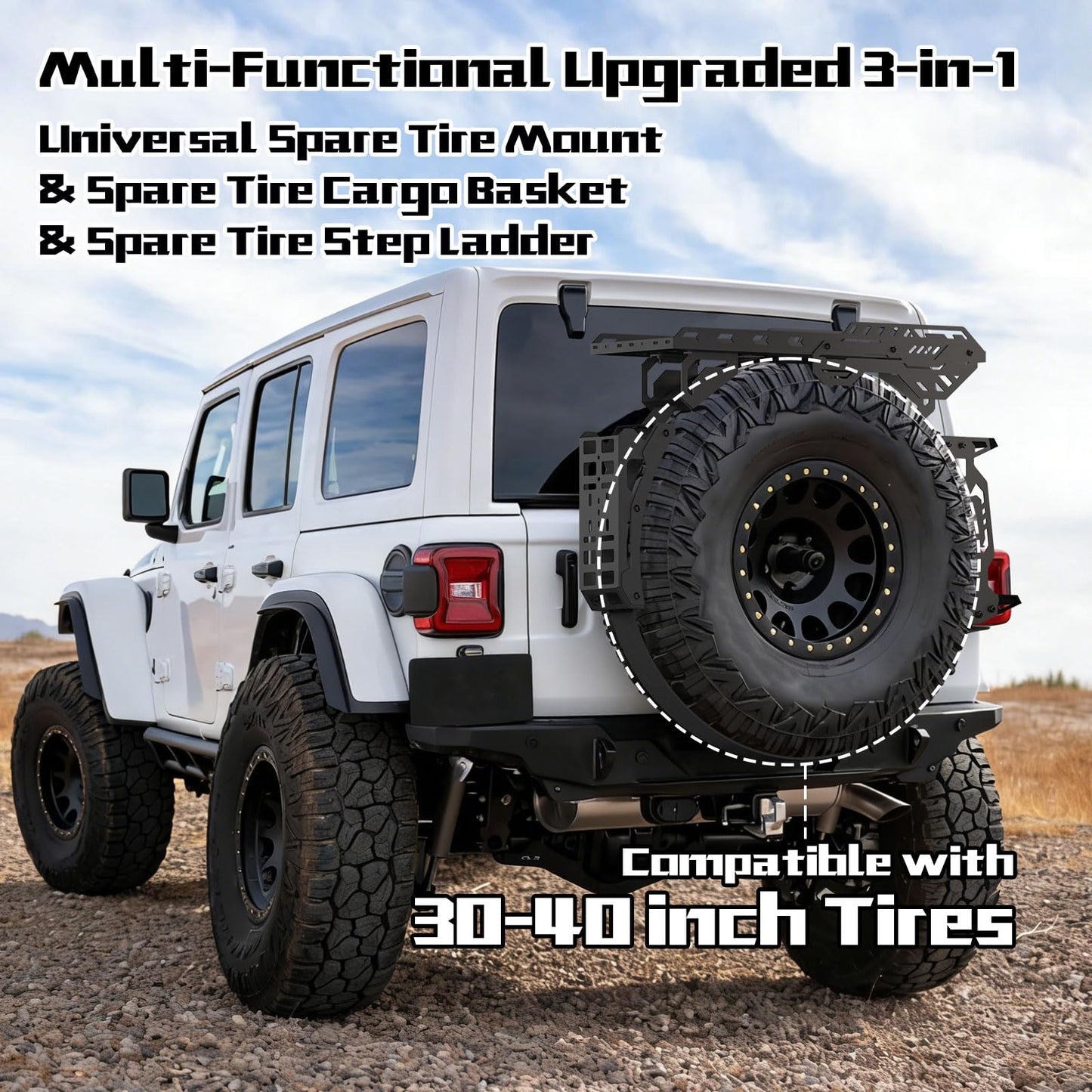 Universal Spare Tire Cargo Basket with Quick Release Spare Tire Mount Rack & Step Ladder | Fits 30"–40" Tires | 3-in-1 Off-Road Storage for SUVs & Jeeps | Compatible with Fuel Cans & Traction Boards