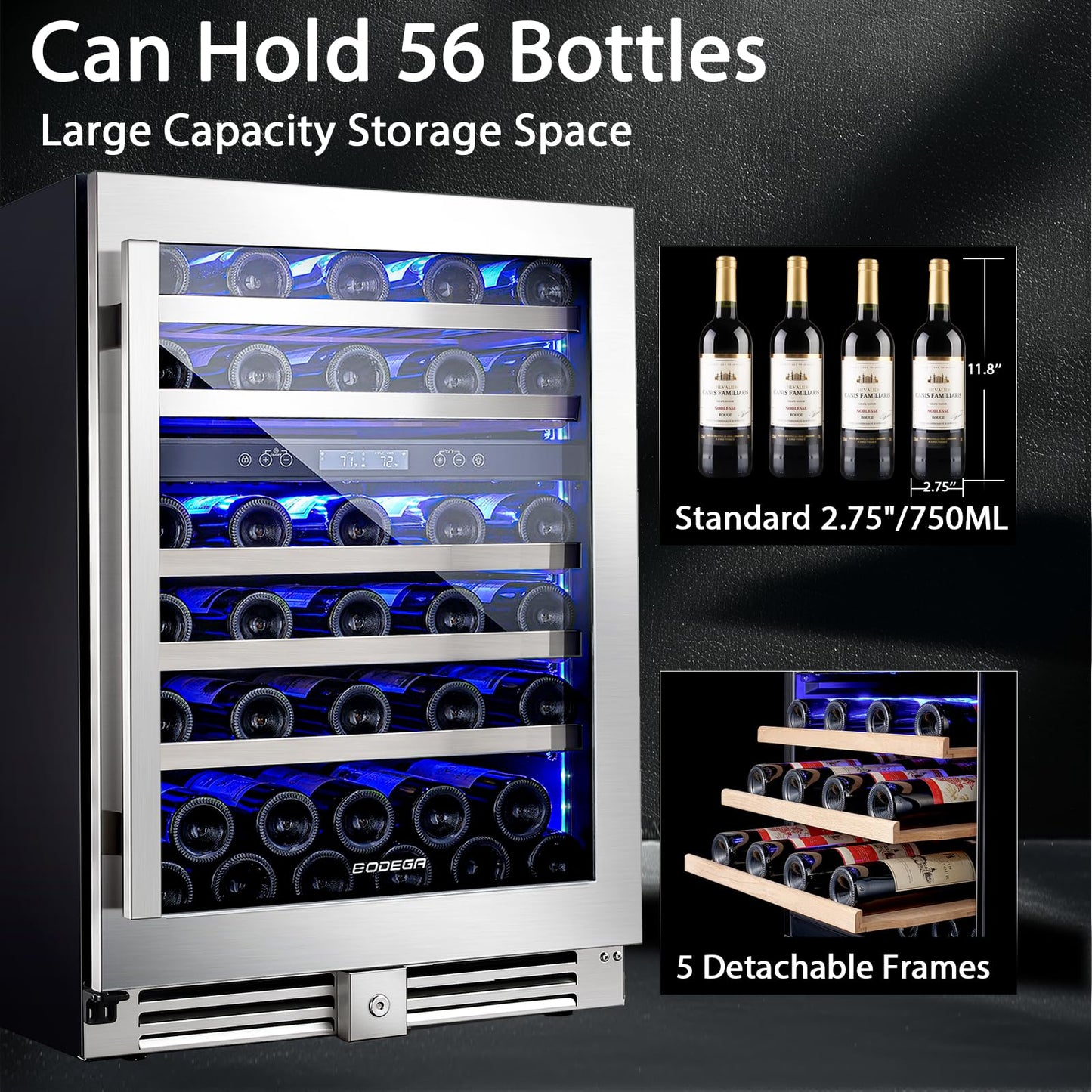 BODEGA COOLER Wine Fridge Cooler - 24 Inch Dual Zone Wine Fridge Holds 56 Bottles, 41-68°F Wine Refrigerator, Built in Fridge, Freestanding Adjustable Shelves Fridge for Beer Soda Drink Bar, 5.8 Cu.Ft