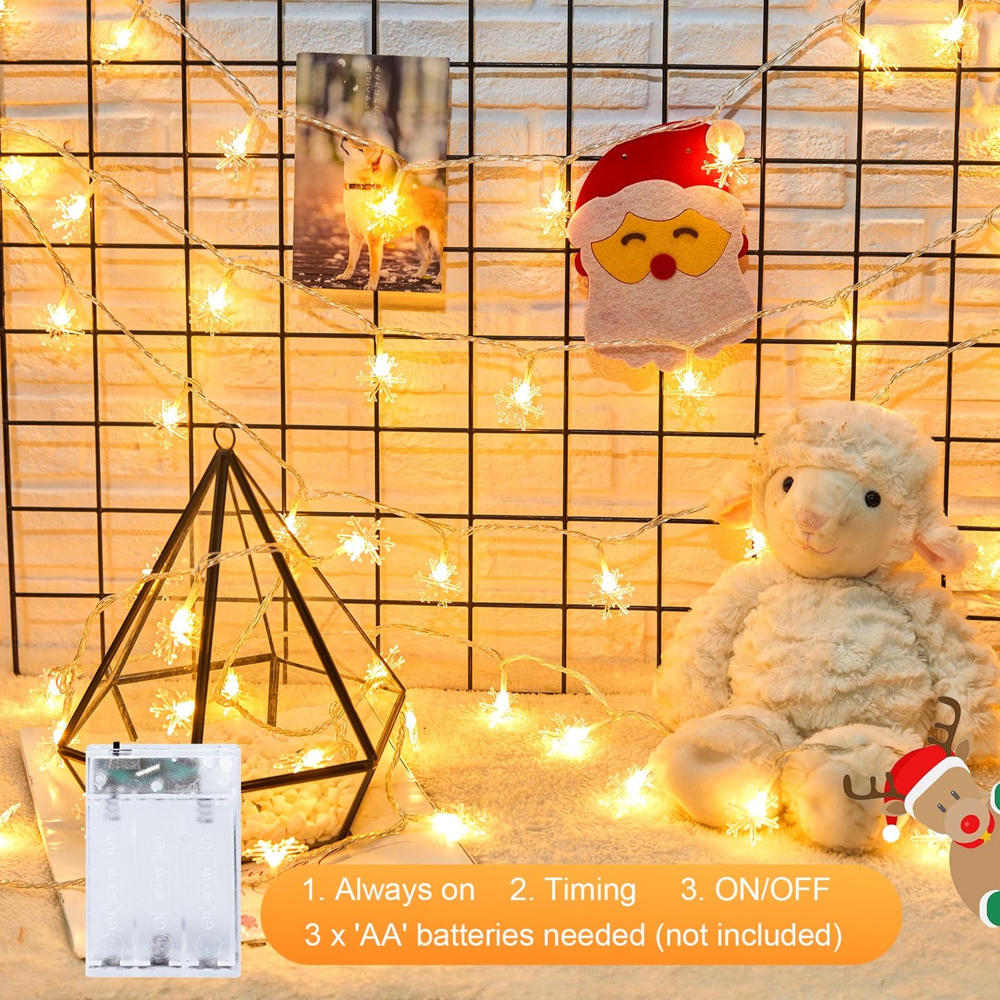 Minetom Snowflake String Lights, 50 LED, 26 Ft, Battery Operated, Waterproof, Warm White, 2 Pack