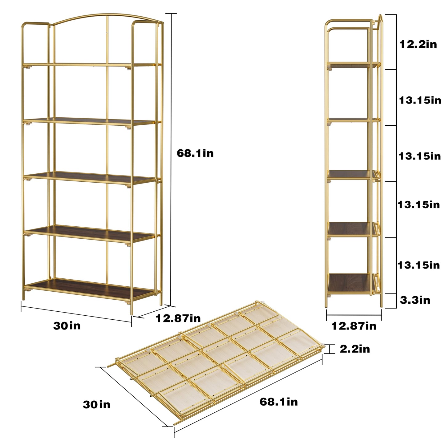 Crofy 5-Tier Wider Foldable Bookshelf, Gold Frame & Walnut Shelves