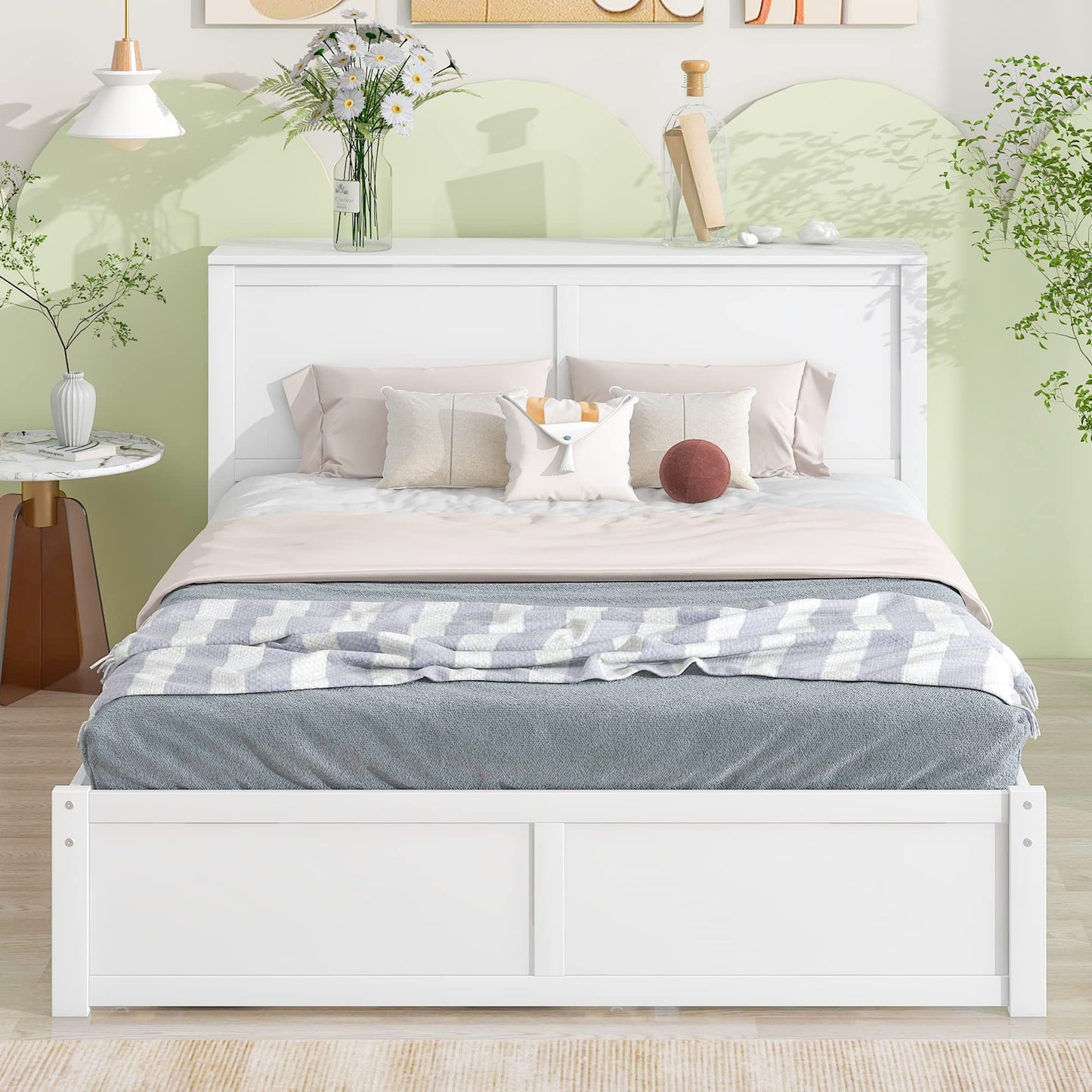 Acosure Queen Size Storage Platform Bed with Pull Out Shelves and Twin XL Size Trundle,Bedroom Wood Bed Frame W/Headboard,No Box Spring Required,for Kids Teens Girls Boys,White