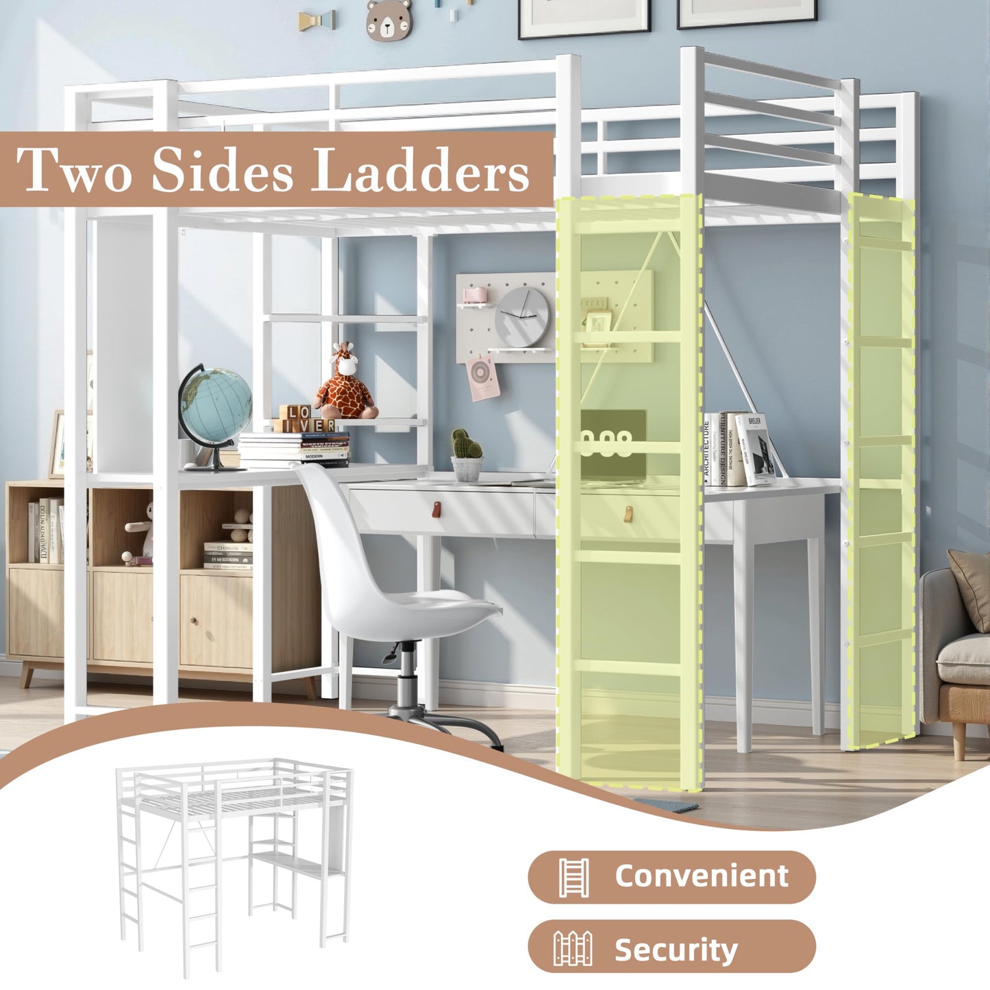 Nuturelly Loft Bed Full Size with Desk and Storage Shelves, Metal Bed Frame with with 2 Side Ladders for Teens & Adults, Space-Saving, Noise-Free, No Box Spring Needed, White