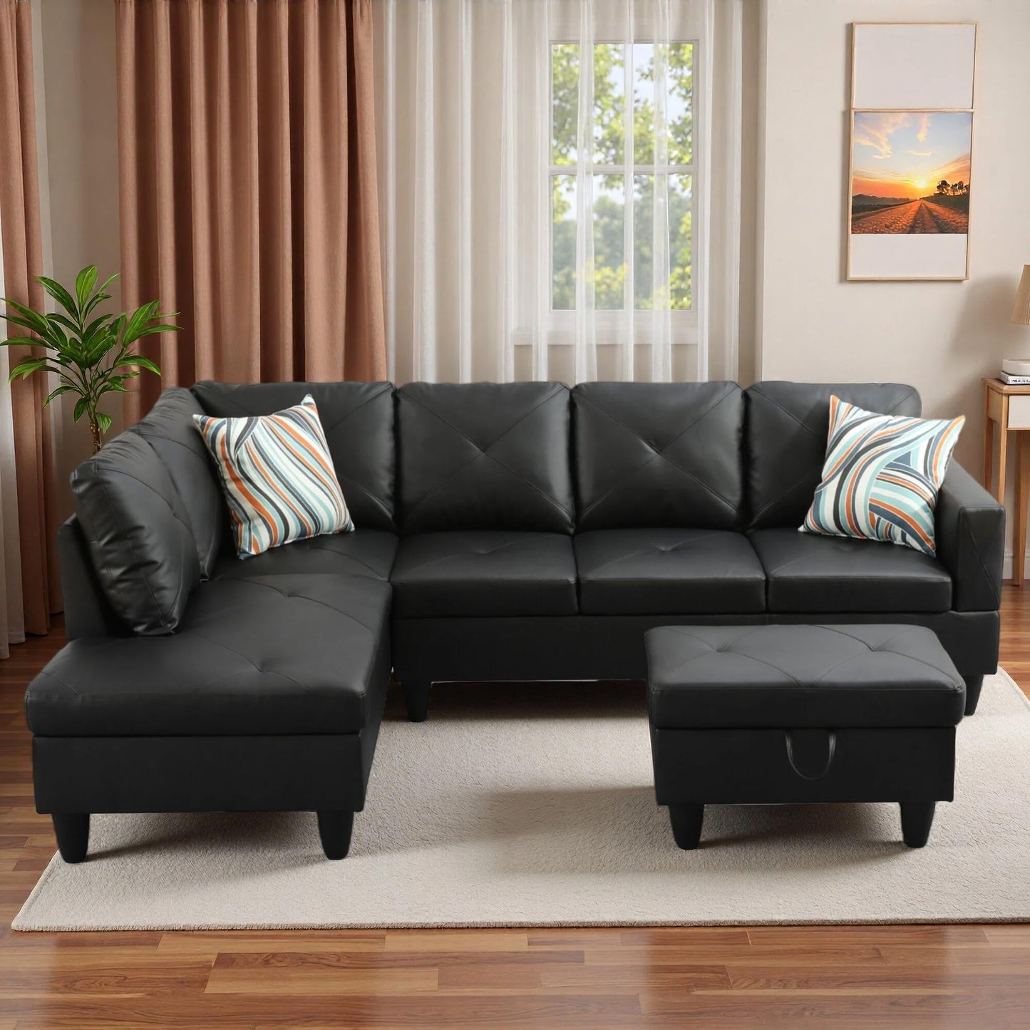 Trygoal L-Shaped Sectional Sofa with Movable Chaise & Storage Ottoman, Leather 3-Piece Modular Convertible Couches for Living Room, Apartment & Office, Dark Black