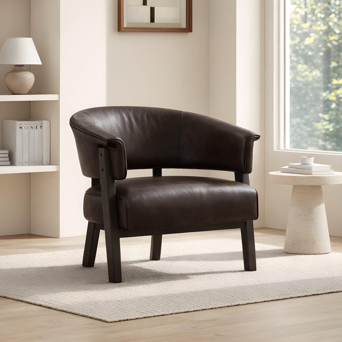 Christopher Knight Home Faux Leather Wingback Accent Chair Upholstered Barrel Armchair with Solid Wood Legs Wrap Around Back Single Sofa Chair for Living Room Bedroom Reading, Brown