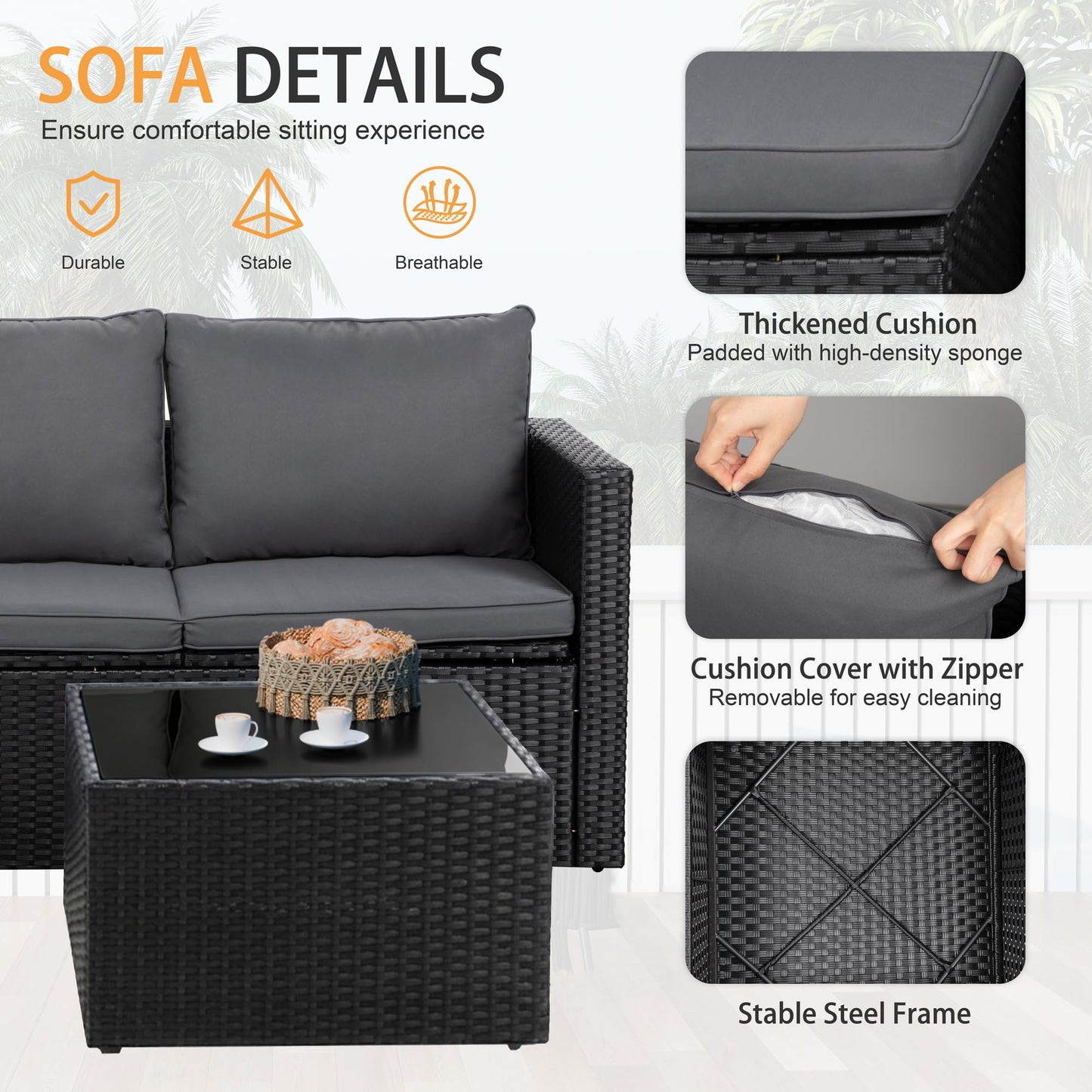 Shintenchi 4 Pieces Patio Furniture Set, Outddor Sectional Sofa & Chaise Lounge, All-Weather Wicker Rattan Sofa Couch with Cushions & Coffee Table for Yard, Garden, Porch, Poolside (Gray)