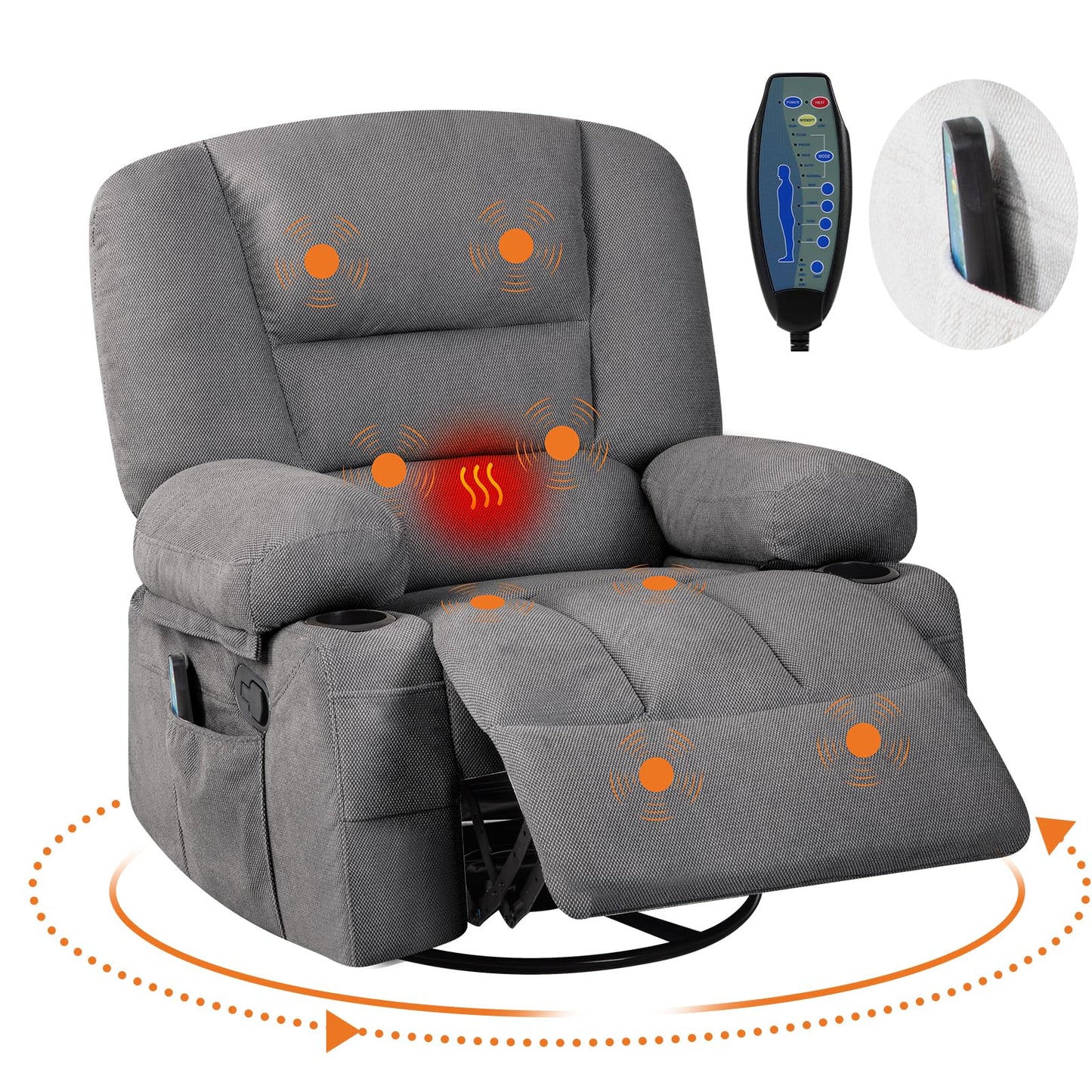 Massage Rocking Recliner Chair with Vibration and Heat, 360° Swivel Chenille Rocker Chairs for Living Room, Home Theater Seating with Cup Holders & Side Pocket for Adults, Living Room, Bedroom, Grey