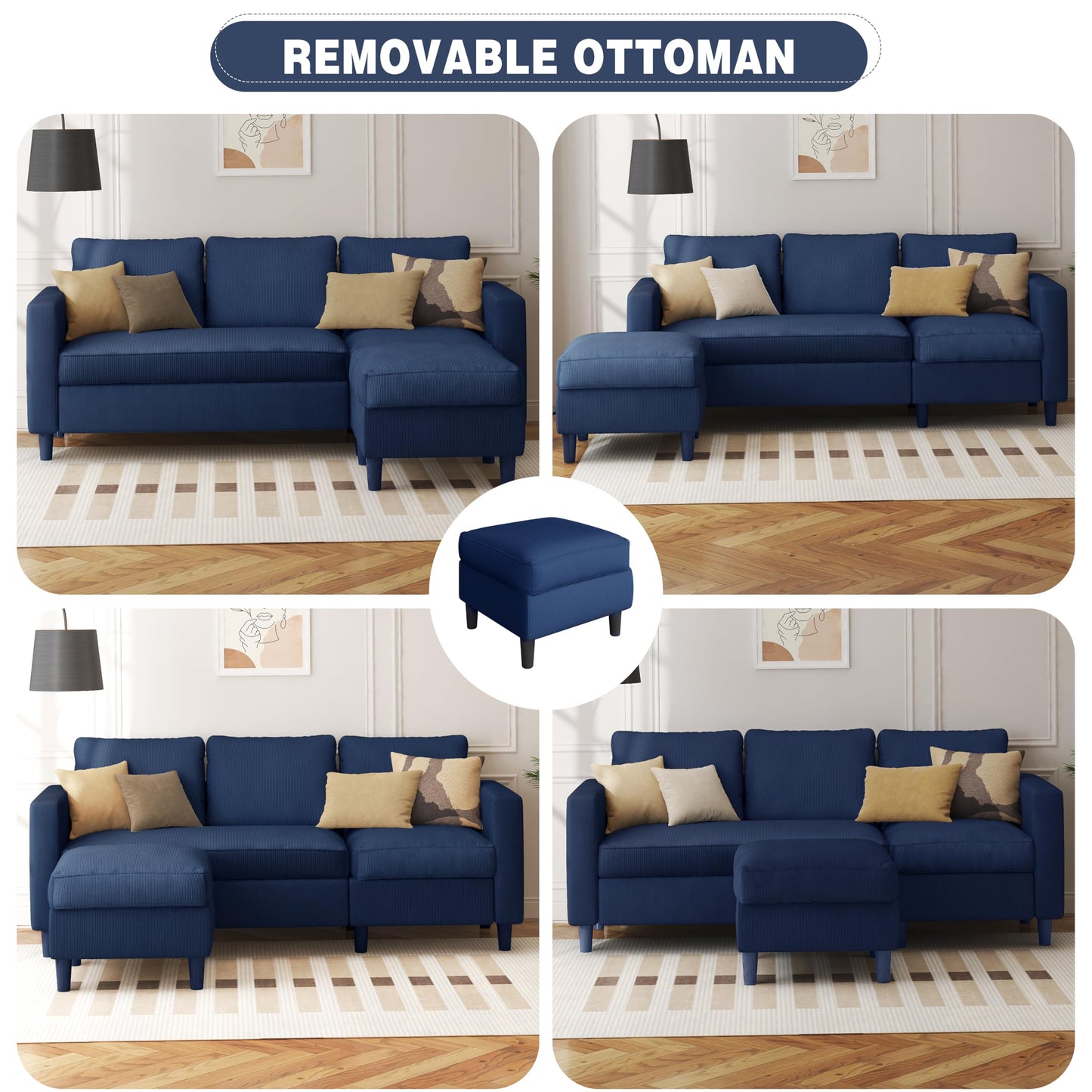 Shintenchi L Shaped Sectional Sofa Couch,Convertible Modular Sofas with Movable Ottoman,3-Seat Upholstered Corduroy Couch,Small Couches for Living Room,Apartment,Office(Blue)
