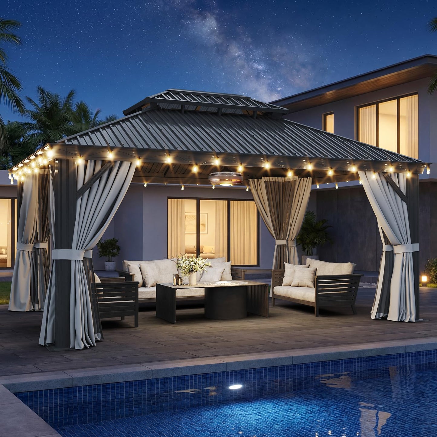 LET'S PATIO 12' x 16' Hardtop Gazebo, Outdoor Aluminum Gazebo with Galvanized Steel Double Roof and Drainage System, Permanent Metal Pavilion with Curtains and Netting for Patio, Deck and Lawn, Gray