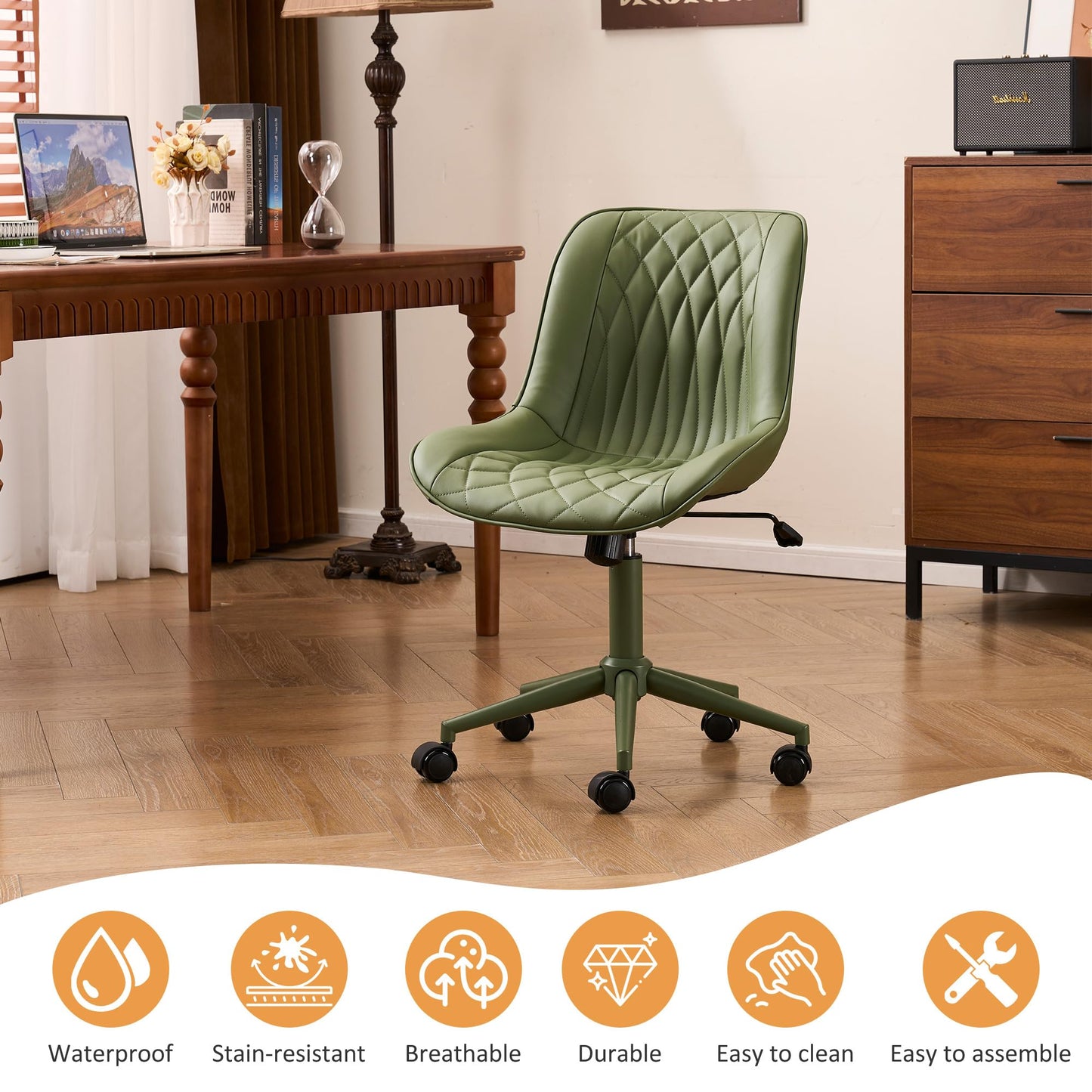 YOUNIKE Olive Green Faux Leather Ergonomic Office Chair Armless Comfy Desk Chair with Rocking Back Cute Swivel Vanity Chair with Wheels Height Adjustable Small Computer Task Chair for Sewing Drafting