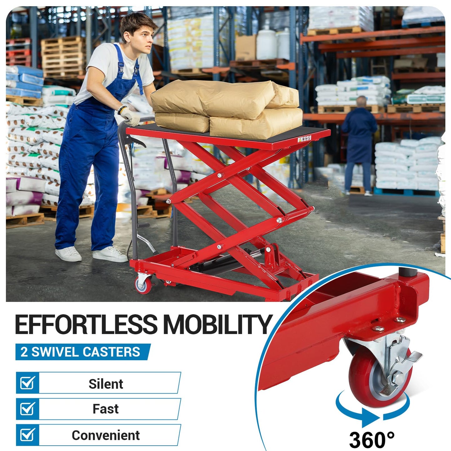 Hydraulic Lift Table Cart, 330 Lbs Capacity 50" Lifting Height Single Scissor Lift Table with Anti-Slip Pad & 4 Wheels for Material Handling & Transportation in Warehouse, Workshop, Red