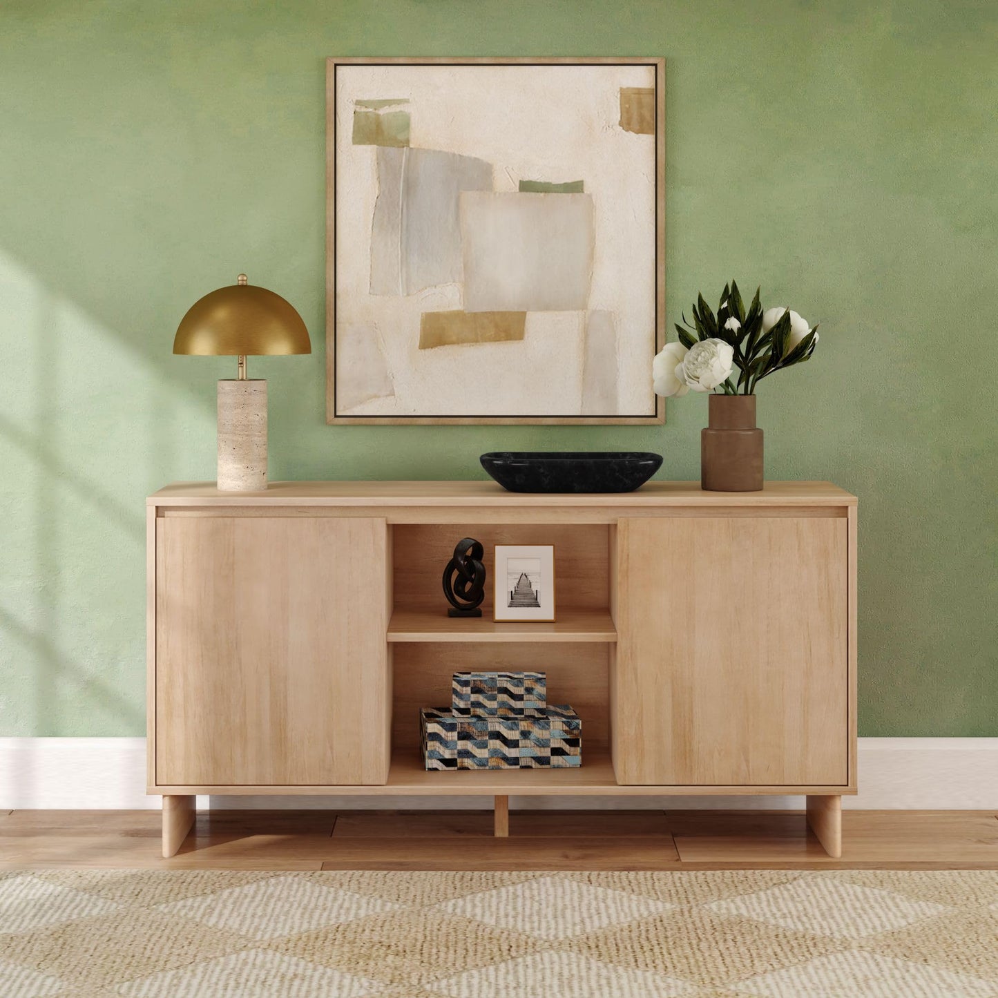 Plank+Beam 59" Modern Sideboard Cabinet, Solid Pine Wood Buffet Table with 2 Doors & Open Shelf, Storage Console for Dining Room or Entryway, Blonde Finish