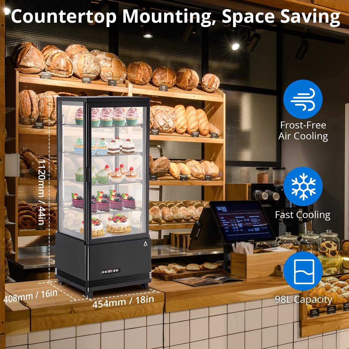 Countertop Display Refrigerator 3.4 Cu.ft, 4-Tier LED Pastry Cooler, Sliding Door, Adjustable Shelves, Commercial Fridge for Bakery Cafe Restaurant, Frost-Free, Black