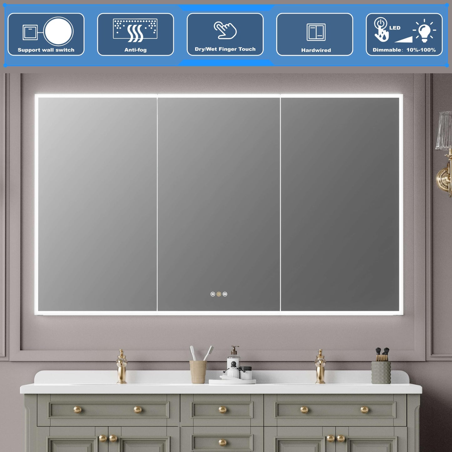 tunuo Recessed Medicine Cabinets for Bathroom with Mirror, Only Recessed Medicine Cabinet with Defogger, Dimmer, Outlets & USB, Three Doors