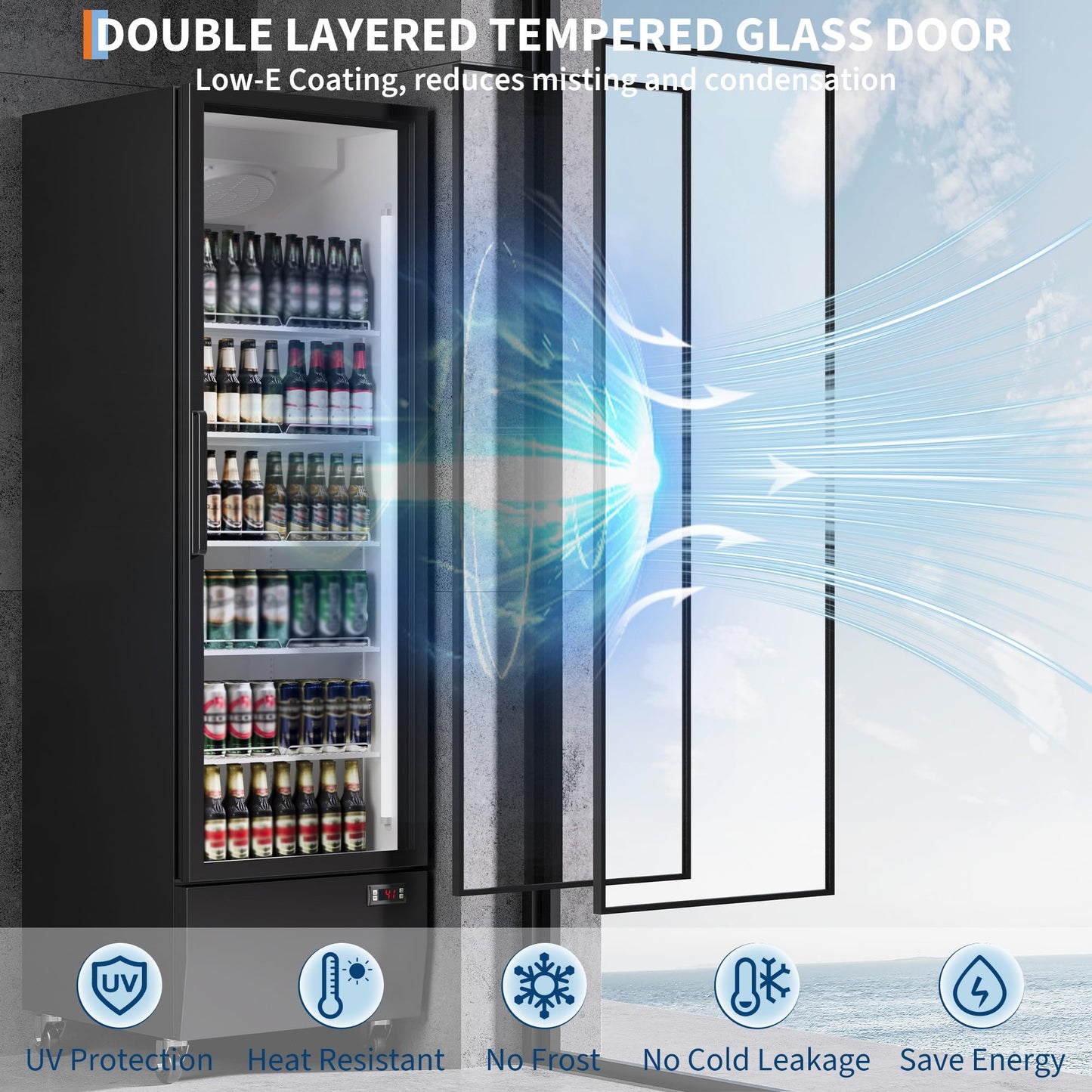 Commercial Display Refrigerator, 13.4 Cu.Ft, Display Merchandiser Fridge with Glass Door, 5 Adjustable Shelves, 5 Adjustable Shelves fo Restaurant, Store, Bar, Cafe, Baker, Single Door, Black