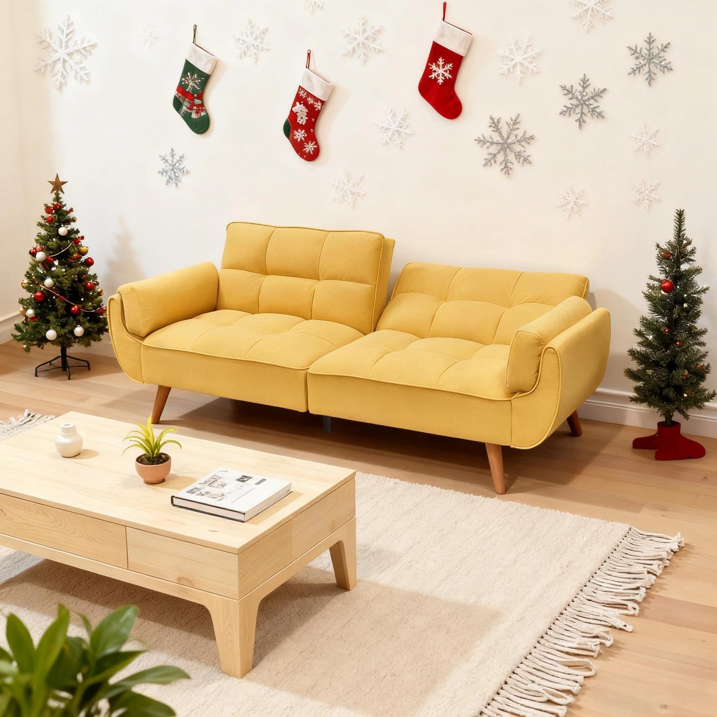 Trygoal Convertible Futon Sofa Bed, Modern Futon Couch with 2 Pillows, Small Futons Couch with Adjustable Armrest & Backrest, Loveseat Sofa Bed for Living Room, Bedroom, Yellow