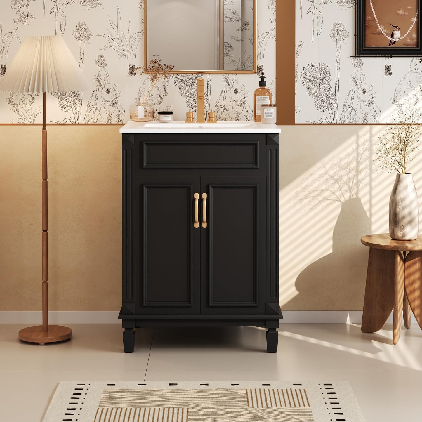 Merax 24 Inch Bathroom Vanity with Ceramic Sink, Modern Solid Wood Storage Cabinet with 2 Soft-Closing Doors and Adjustable Shelf, Black