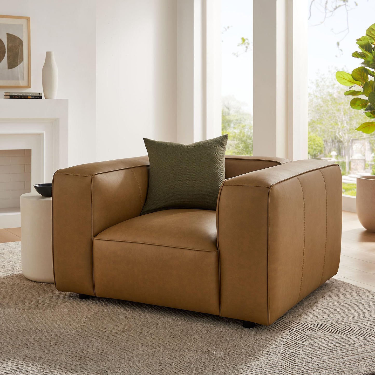 Modway Auren Vegan Leather Modular Armchair in Camel - Faux Leather Club Chair - Mid Century Modern Single Sofa Chair - Oversized PU Leather Accent Chair for Living Room or Apartment