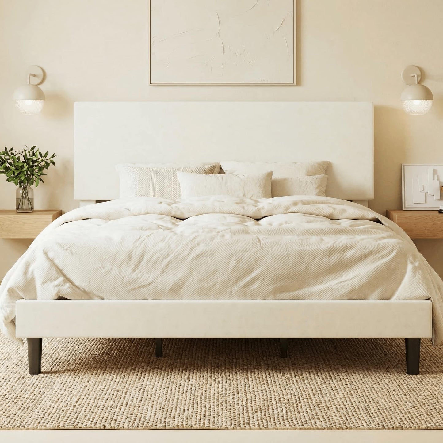 SHA CERLIN Boucle Upholstered King Size Bed Frame, Cream