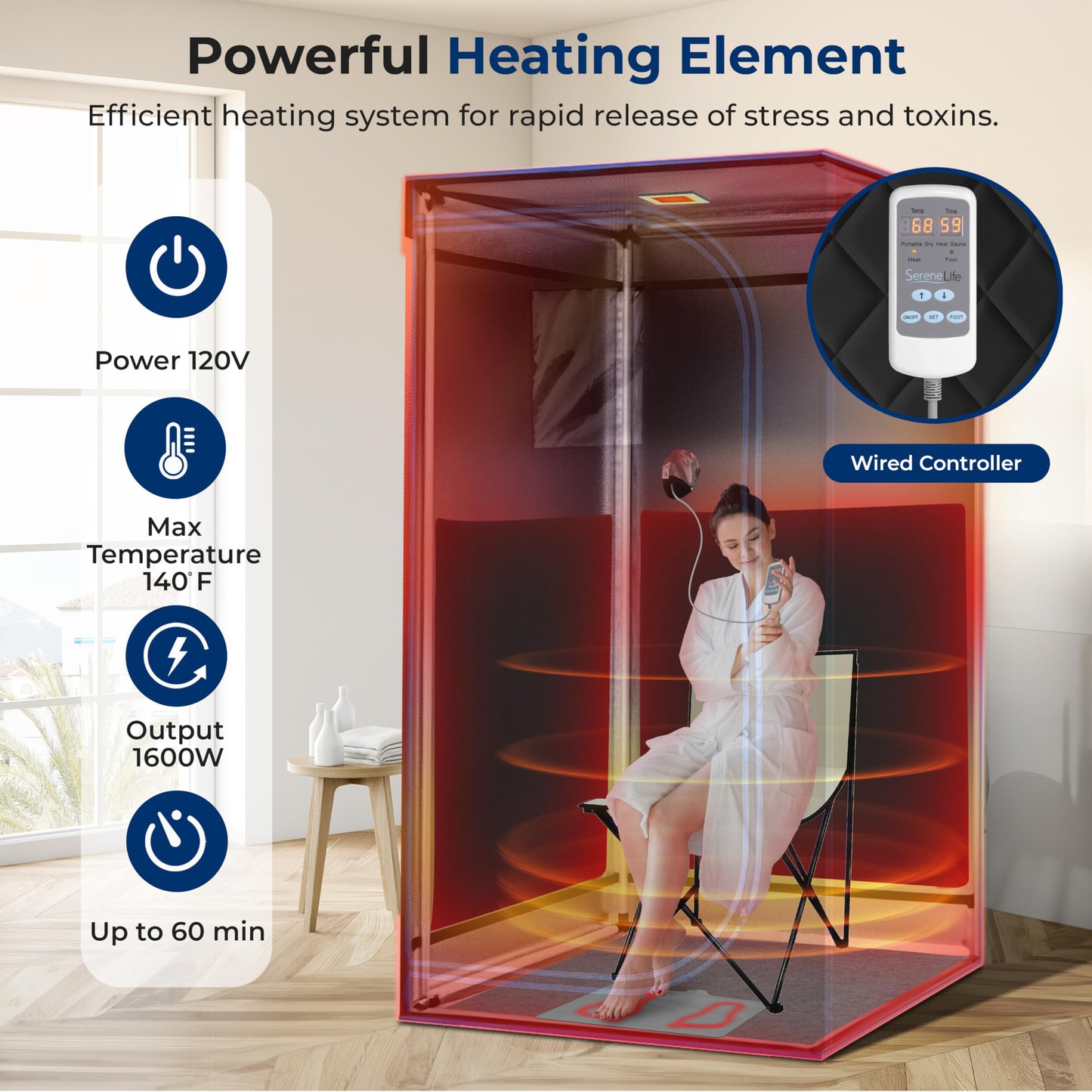 SereneLife 1300W Full Size Portable Infrared Sauna - with Heating Foot Pad & Foldable Chair - Single Person Use, Indoor Personal Home Spa for Weight Loss, Stress Relief & Relaxation