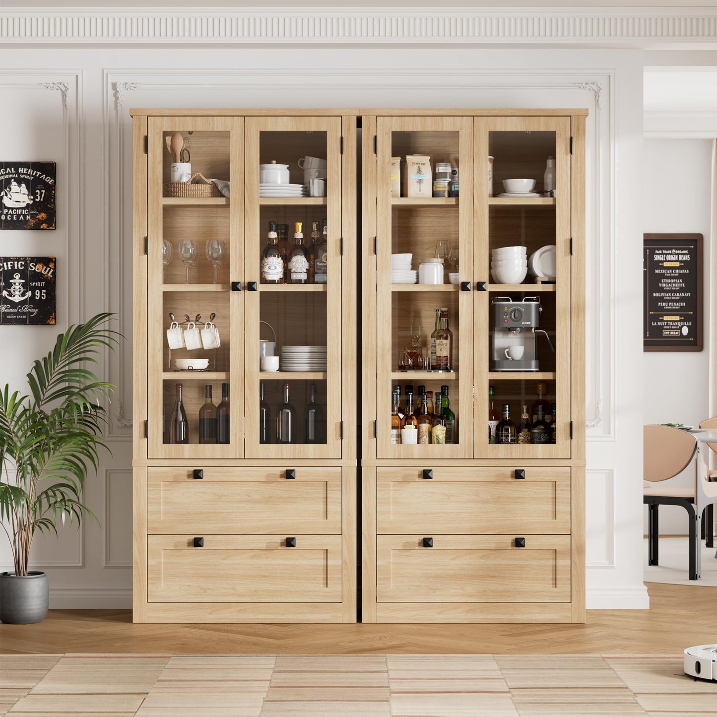71" Tall Kitchen Pantry Cabinet - Modern Display Storage Cabinet with 2 Large Drawers, Glass Doors, and Adjustable Shelves, Farmhouse Kitchen Cupboard for Dining Room, Bathroom, Living Room, Natural