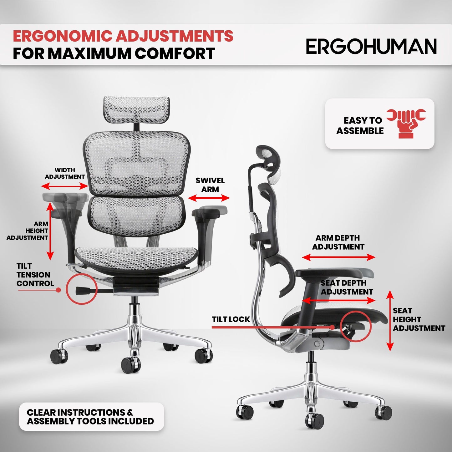Ergohuman Eurotech ME7ERG GEN2 High Back Mesh Office Chair with Tilt Tension Control, Tilt Lock, Back Angle, Back Height, Synchro Tilt, Seat Height, Seat Depth, and Arm Height Adjustments, Grey