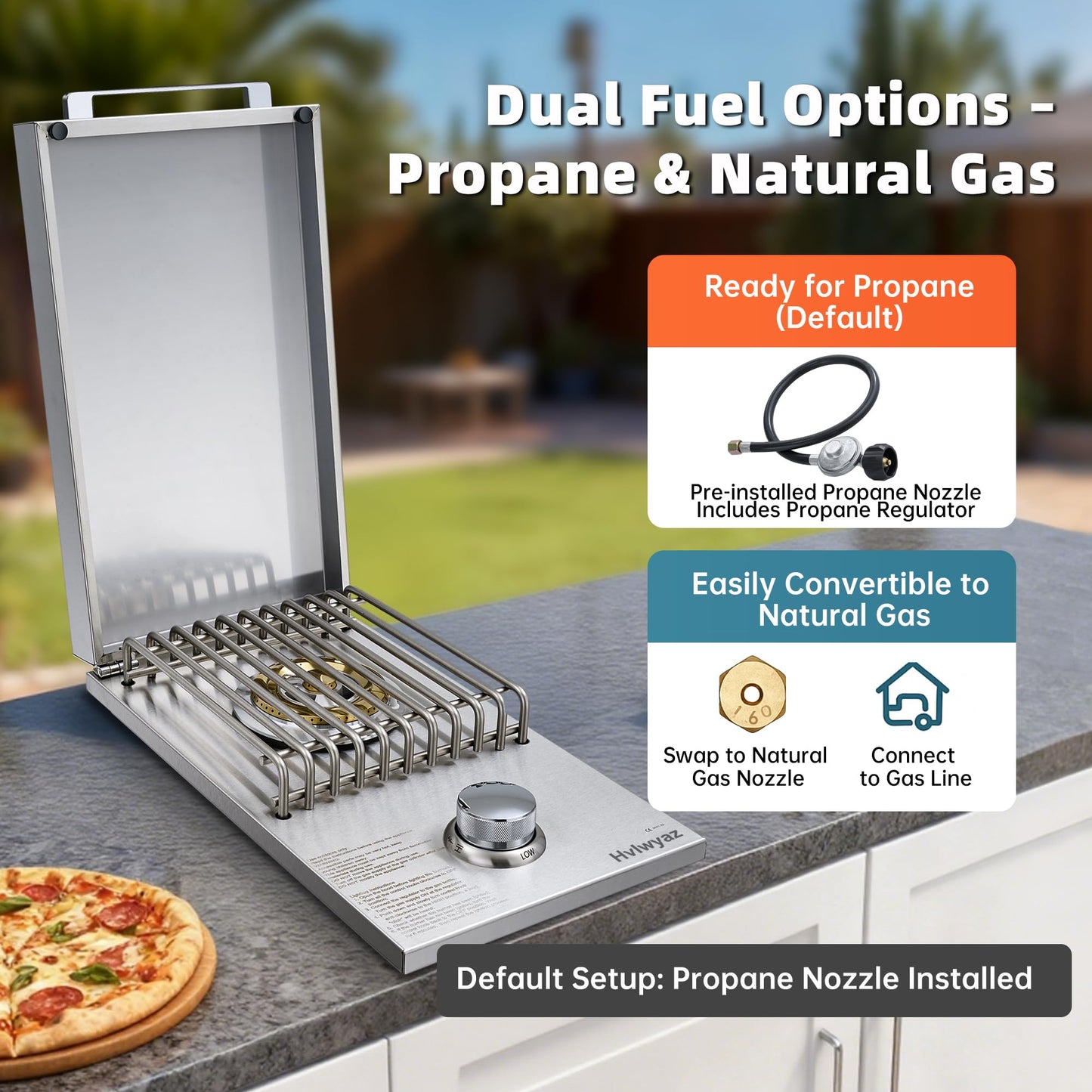 Built-in Single Side Grill Burner with Cover, Silver 304 Stainless Steel Side Burner for Outdoor Kitchen, Propane & Natural Gas, Outdoor BBQ for Family Patio Parties