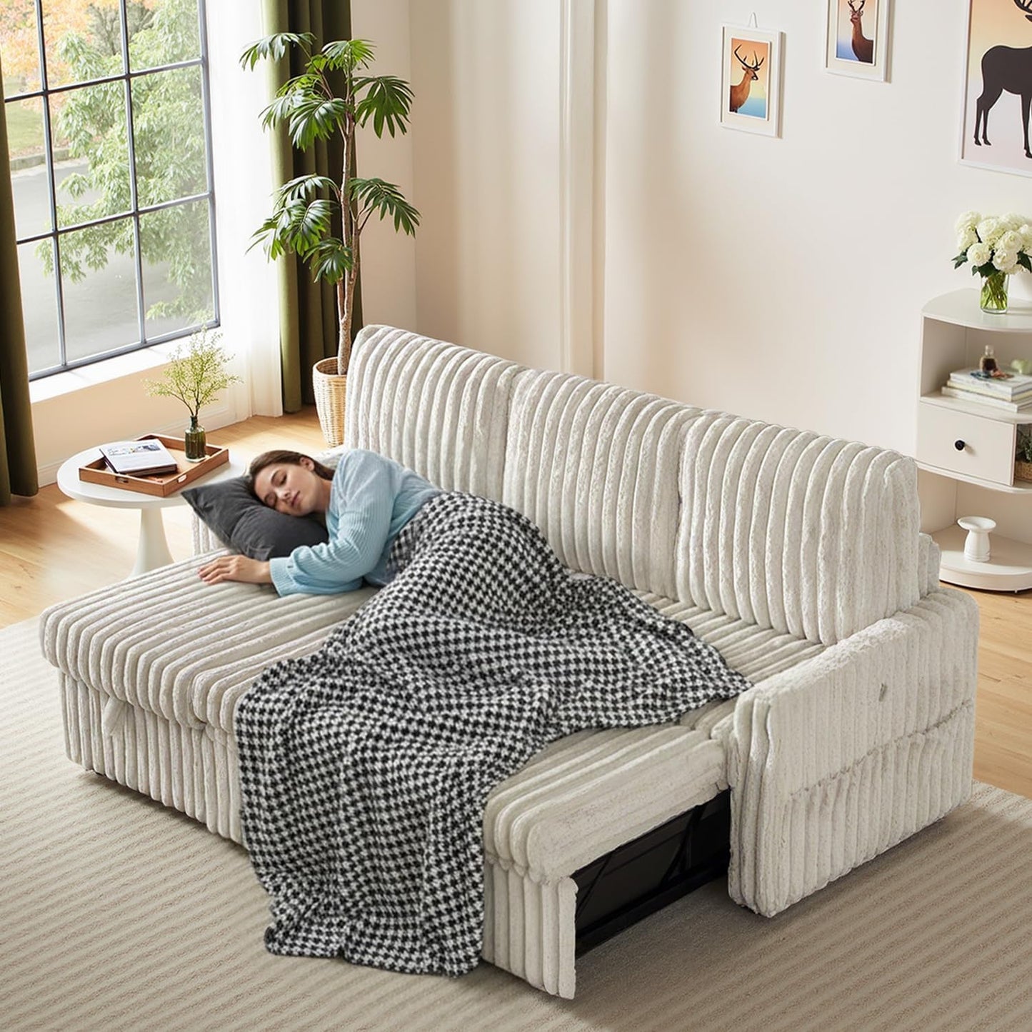 KCGKCG Sleeper Sofa Bed, 81” Pull Out Couch Bed, 3 in 1 L-Shaped Couch with Charging Station, Cup Holder, Side Pocket, Couches for Living Room(Plush Beige)