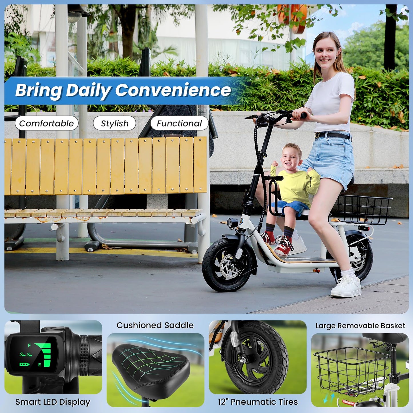 Caroma 1200W Peak Electric Scooter with Seat for Adults, 30 Miles Max Range Electric Scooter for Teens, 20mph Top Speed Foldable Commuter Ebike, Adjustable E-Scooters with Basket